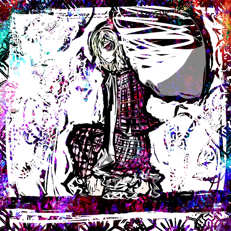 f7(eiki), kazami yuuka, touhou, framed, bad id, bad pixiv id, 1girl, @ @, ascot, female focus, from behind, frown, kneeling, looking back, parasol, plaid clothes, plaid skirt, plaid vest, profile, red eyes, short hair, skirt, skirt set, solo, umbrella, vest