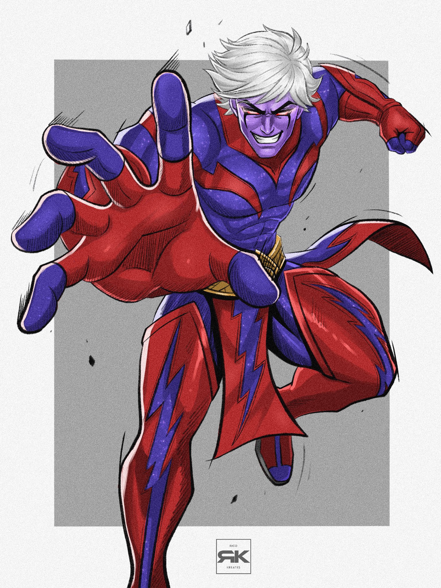 adam warlock, guardians of the galaxy, marvel, marvel rivals, commentary, highres, 1boy, bodysuit, boots, border, colored sclera, colored skin, covered abs, covered pectorals, dark persona, floating clothes, gloves, grey background, grin, hatching (texture), looking at viewer, male focus, motion lines, multicolored bodysuit, multicolored boots, multicolored gloves, muscular, muscular male, no pupils, official alternate costume, official alternate design, pectorals, pelvic curtain, purple bodysuit, purple boots, purple gloves, purple skin, reaching, reaching towards viewer, red bodysuit, red boots, red gloves, red loincloth, red sclera, rkreates, short hair, smile, solo, thigh boots, white border, white hair