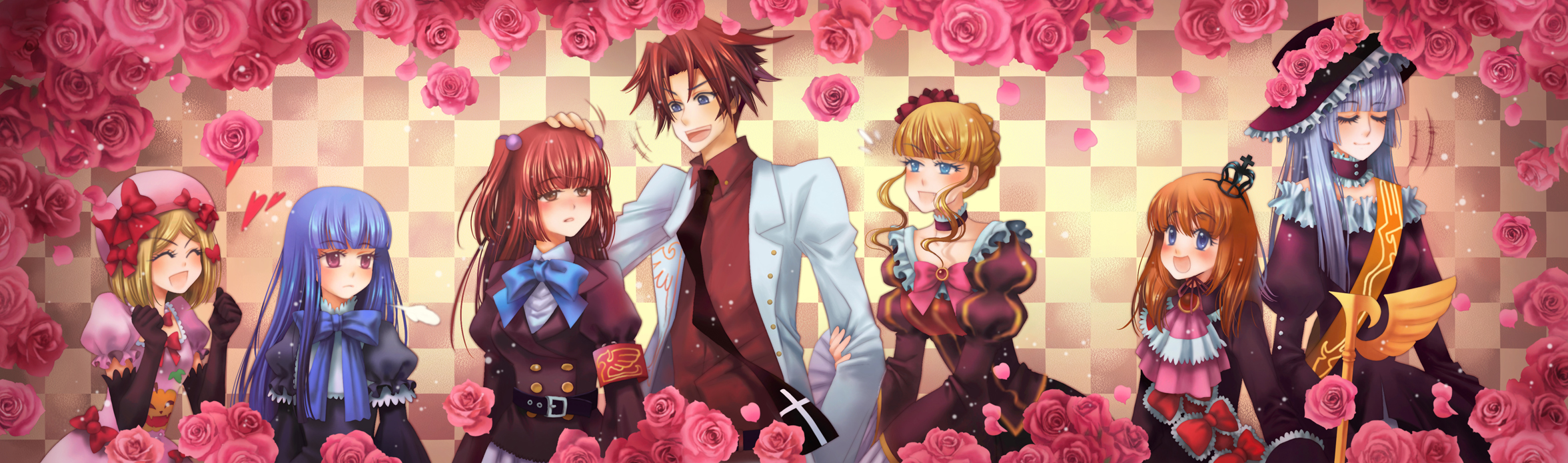 muxiaying, beatrice (umineko), frederica bernkastel, lambdadelta, maria (umineko), ushiromiya ange, ushiromiya battler, ushiromiya maria, virgilia (umineko), umineko no naku koro ni, highres, long image, wide image, 00s, 1boy, 6+girls, armband, belt, black eyes, blonde hair, blue eyes, blue hair, blush, bow, choker, closed eyes, cross, crown, dress, flower, frills, hair bobbles, hair bow, hair ornament, hat, headpat, jacket, long hair, multiple girls, necktie, orange hair, pat, pink hat, purple eyes, red hair, ribbon, rose, scepter, serious, short hair, skirt, smile, white hair