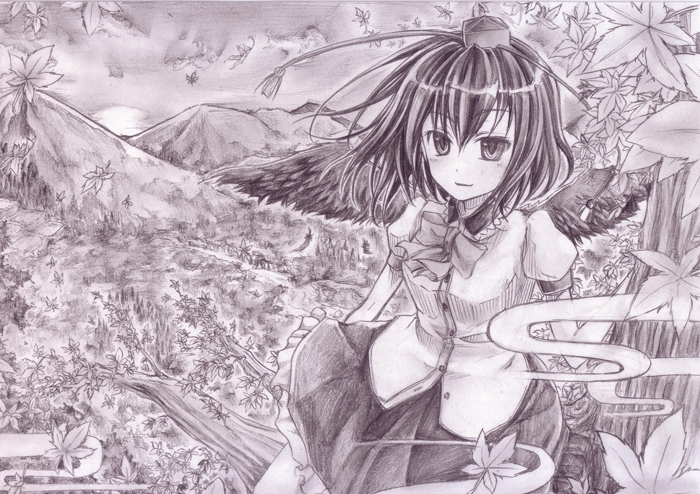 aikura (twilight dusk), shameimaru aya, touhou, graphite (medium), traditional media, 1girl, black wings, bow, bowtie, female focus, in tree, landscape, leaf, maple leaf, monochrome, purple theme, short hair, smile, solo, tree, wind, wings