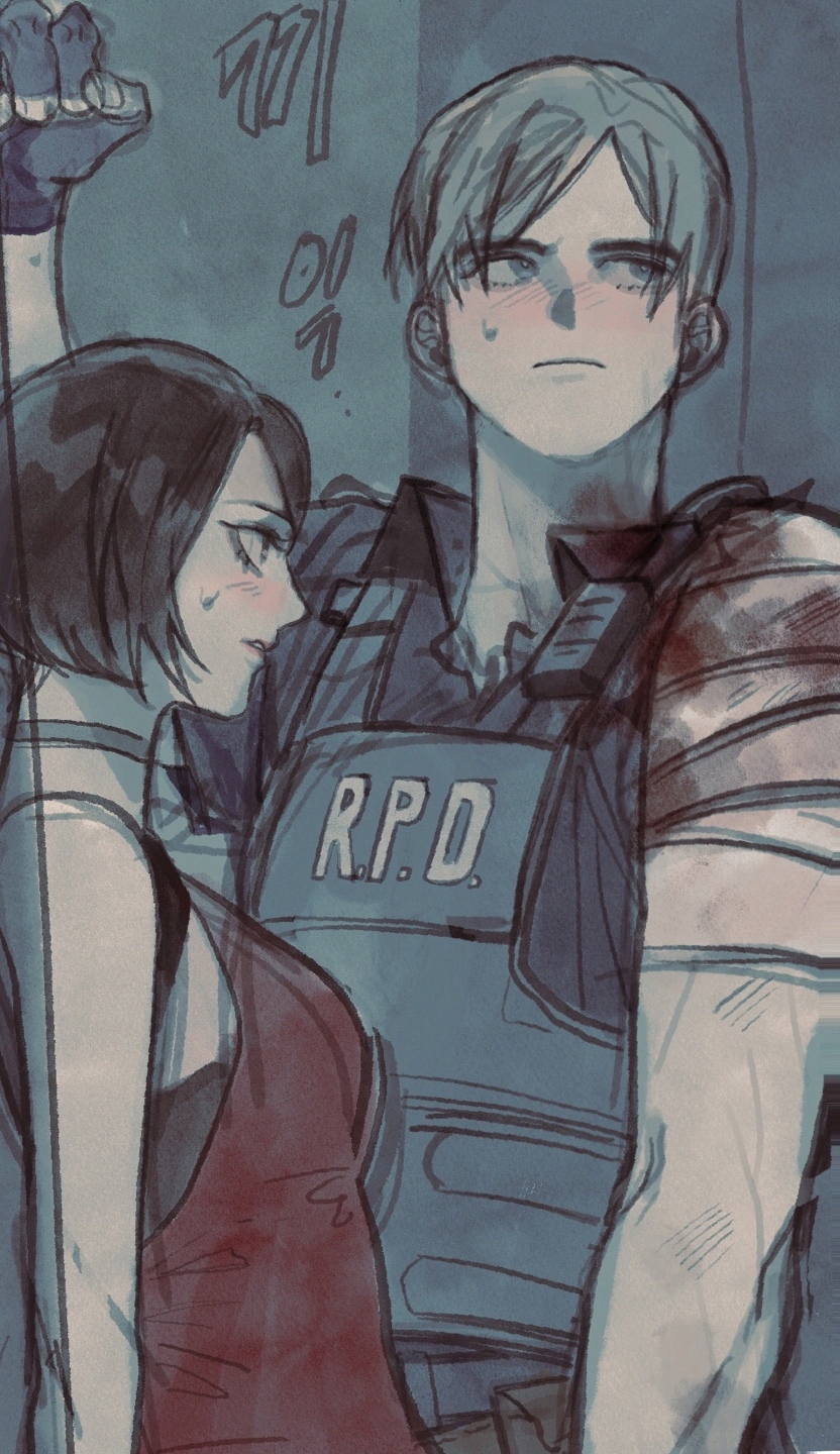nul, ada wong, leon s. kennedy, resident evil, resident evil 2, hashtag-only commentary, highres, 1boy, 1girl, averting eyes, bandaged arm, bandages, bare shoulders, black gloves, black hair, blonde hair, blood, blood stain, blue eyes, blue shirt, blush, choker, closed mouth, collared shirt, dress, fingerless gloves, from side, gloves, looking at another, police, profile, red dress, shirt, short hair, sleeveless, sleeveless dress, sweatdrop, upper body