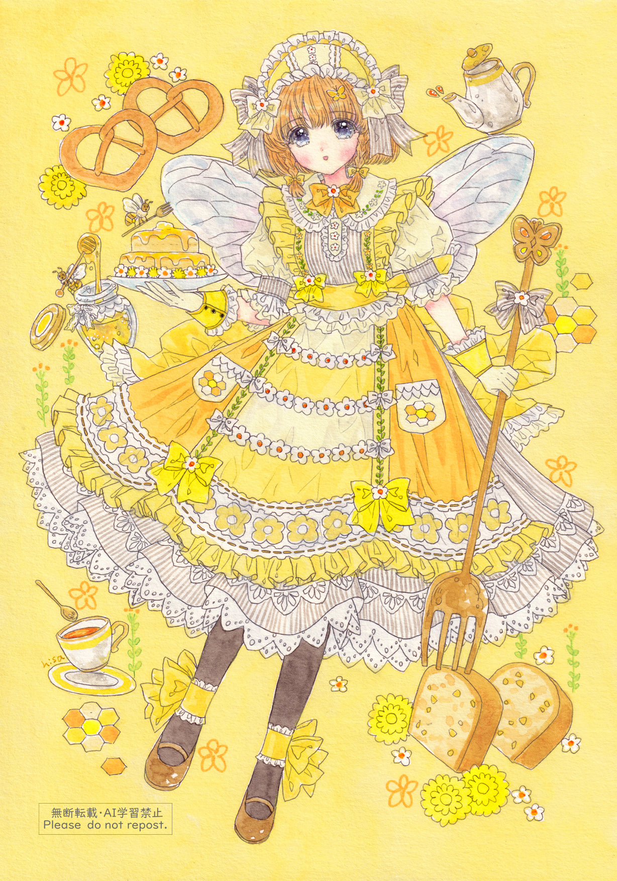 hisakata (hisa nn), original, commentary, english commentary, highres, 1girl, accurate lolita coord, ankle cuffs, apron, bee, bee wings, black pantyhose, braid, brown shoes, bug, dress, flower, food, fork, frilled dress, frilled hairband, frills, full body, hairband, holding, holding food, holding fork, honey, honeycomb (object), insect, insect wings, lolita fashion, lolita hairband, looking at viewer, orange hair, oversized fork, pantyhose, pretzel, puffy short sleeves, puffy sleeves, shoes, short sleeves, side braids, solo, teapot, wings, wrist cuffs, yellow background, yellow dress