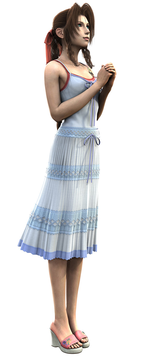 aerith gainsborough, crisis core: final fantasy vii, final fantasy, final fantasy vii, square enix, highres, official art, 1990s (style), 1girl, 3d, dress, feet, female focus, full body, hair ribbon, long dress, retro artstyle, ribbon, sandals, solo, standing, wedge heels, white dress