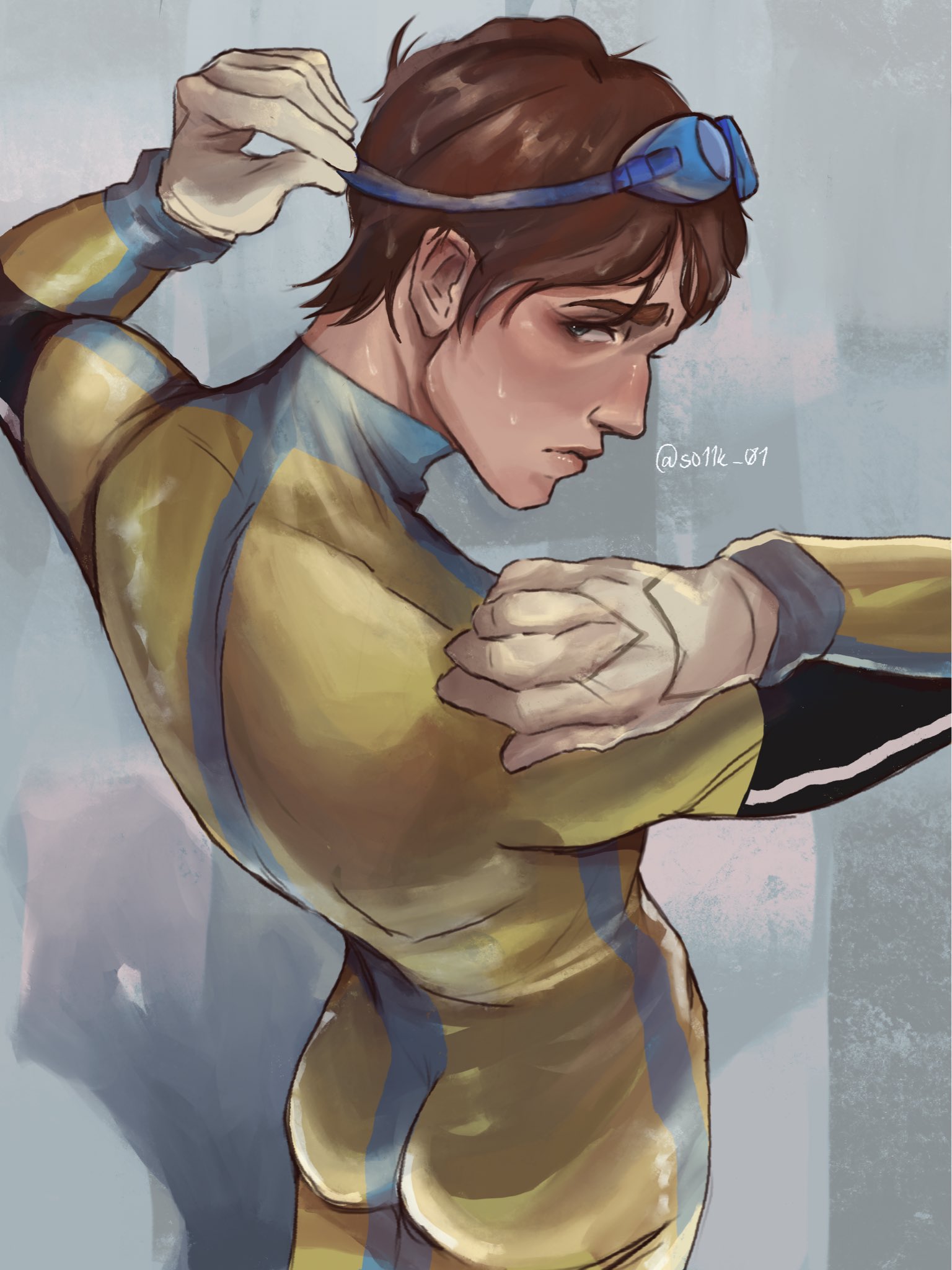 waterboy (dispatch), dispatch, highres, 1boy, aquiline nose, arms up, ass, bodysuit, brown eyes, brown hair, closed mouth, cowboy shot, feet out of frame, gloves, goggles, goggles on head, long sleeves, looking back, male focus, multicolored bodysuit, nose, short hair, sideways glance, skyvenq, solo, standing, wet, white gloves