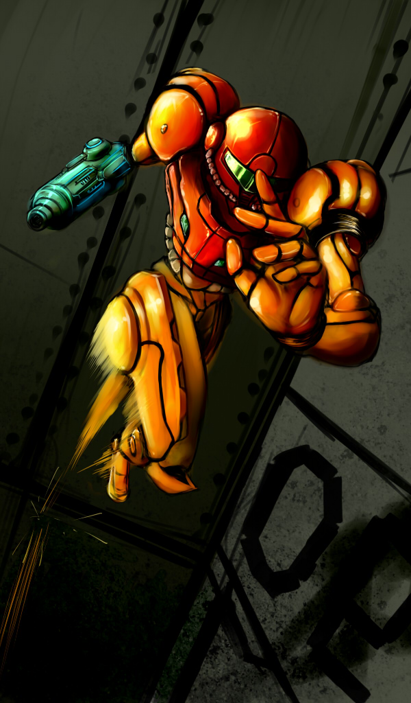 samus aran, metroid, nintendo, 1girl, arm cannon, armor, female focus, foreshortening, helmet, jumping, power armor, power suit (metroid), solo, varia suit, weapon