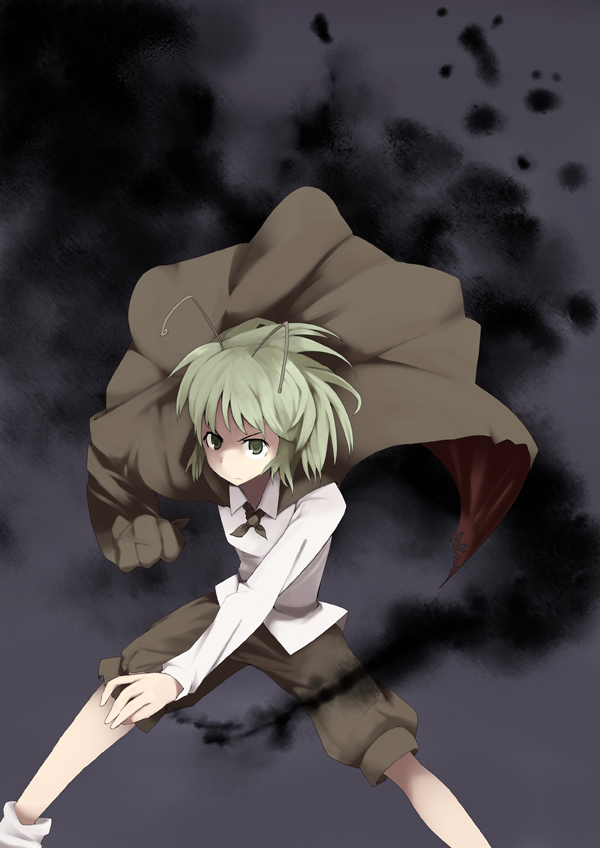 mieharu, wriggle nightbug, touhou, 1girl, androgynous, antennae, cape, female focus, green eyes, green hair, matching hair/eyes, reverse trap, short hair, solo, standing