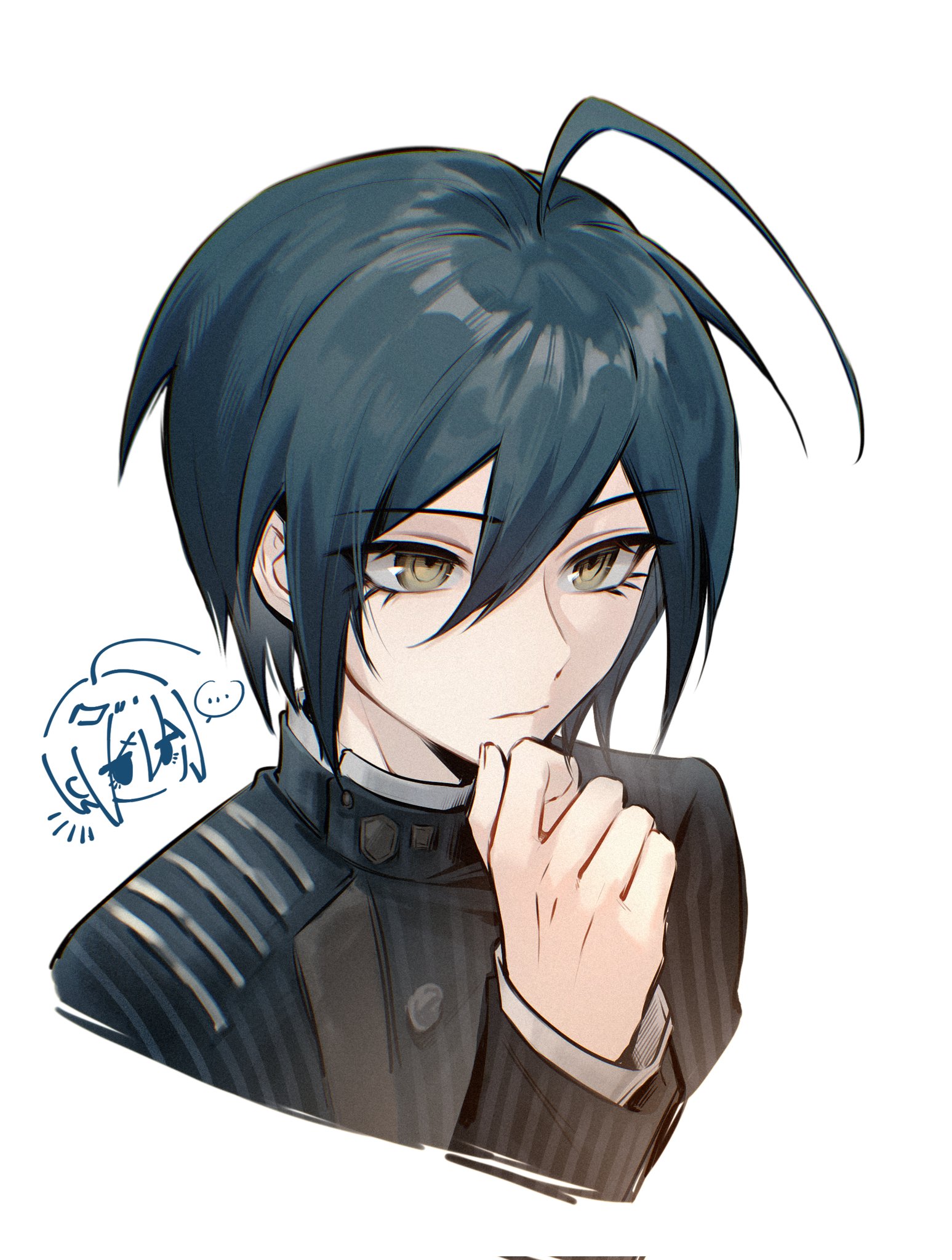 tujiang6, saihara shuichi, danganronpa (series), danganronpa v3: killing harmony, highres, 1boy, ahoge, black hair, brown eyes, closed mouth, hair between eyes, hand on own chin, hand up, jacket, long sleeves, male focus, short hair, simple background, solo, thinking, white background