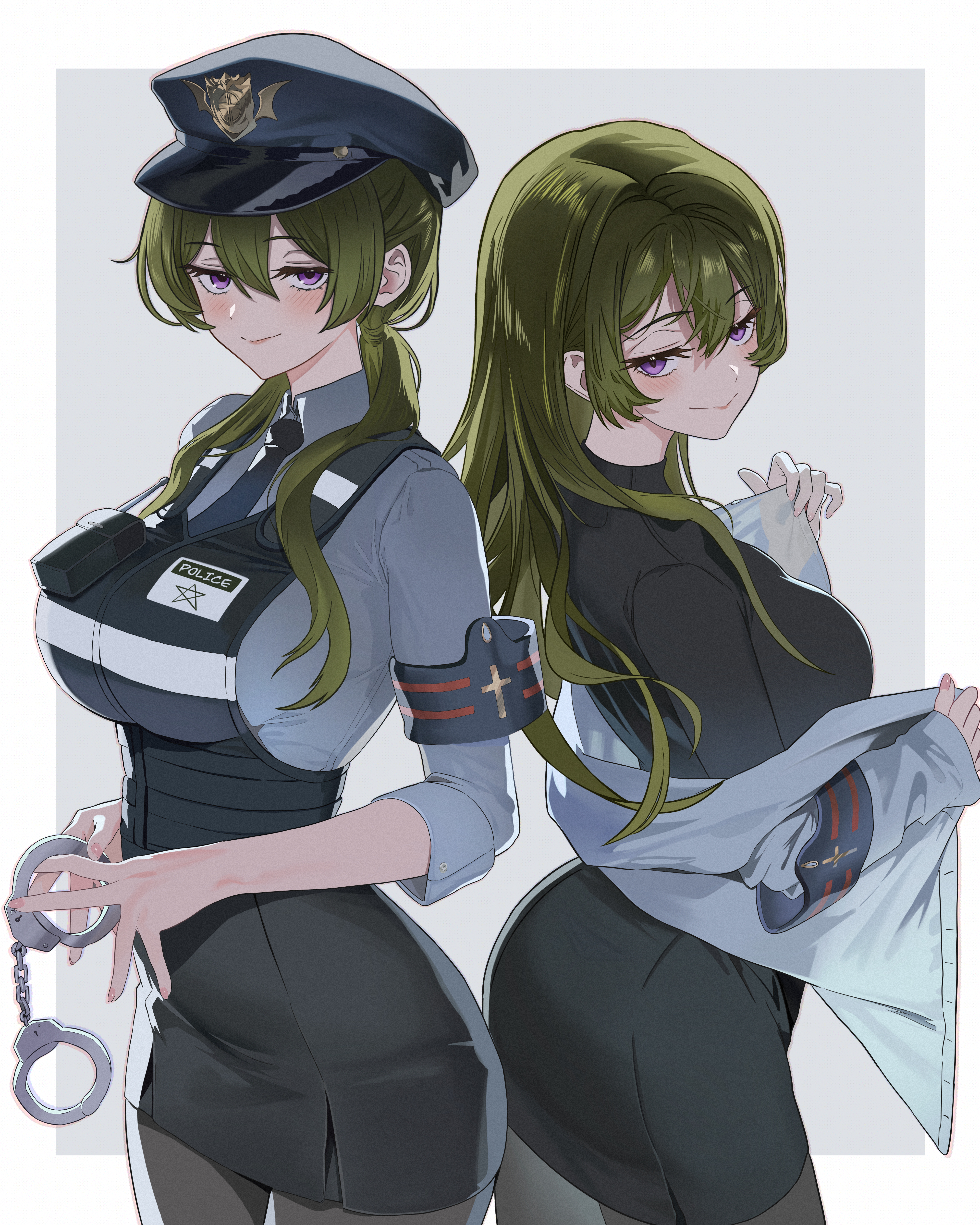 jmx (j m x), ubel (sousou no frieren), sousou no frieren, absurdres, highres, 1girl, black dress, black pantyhose, blue shirt, blush, breasts, cuffs, dress, green hair, handcuffs, jacket, large breasts, long hair, looking at viewer, multiple views, pantyhose, pencil skirt, police, police uniform, policewoman, purple eyes, shirt, short sleeves, skirt, walkie-talkie