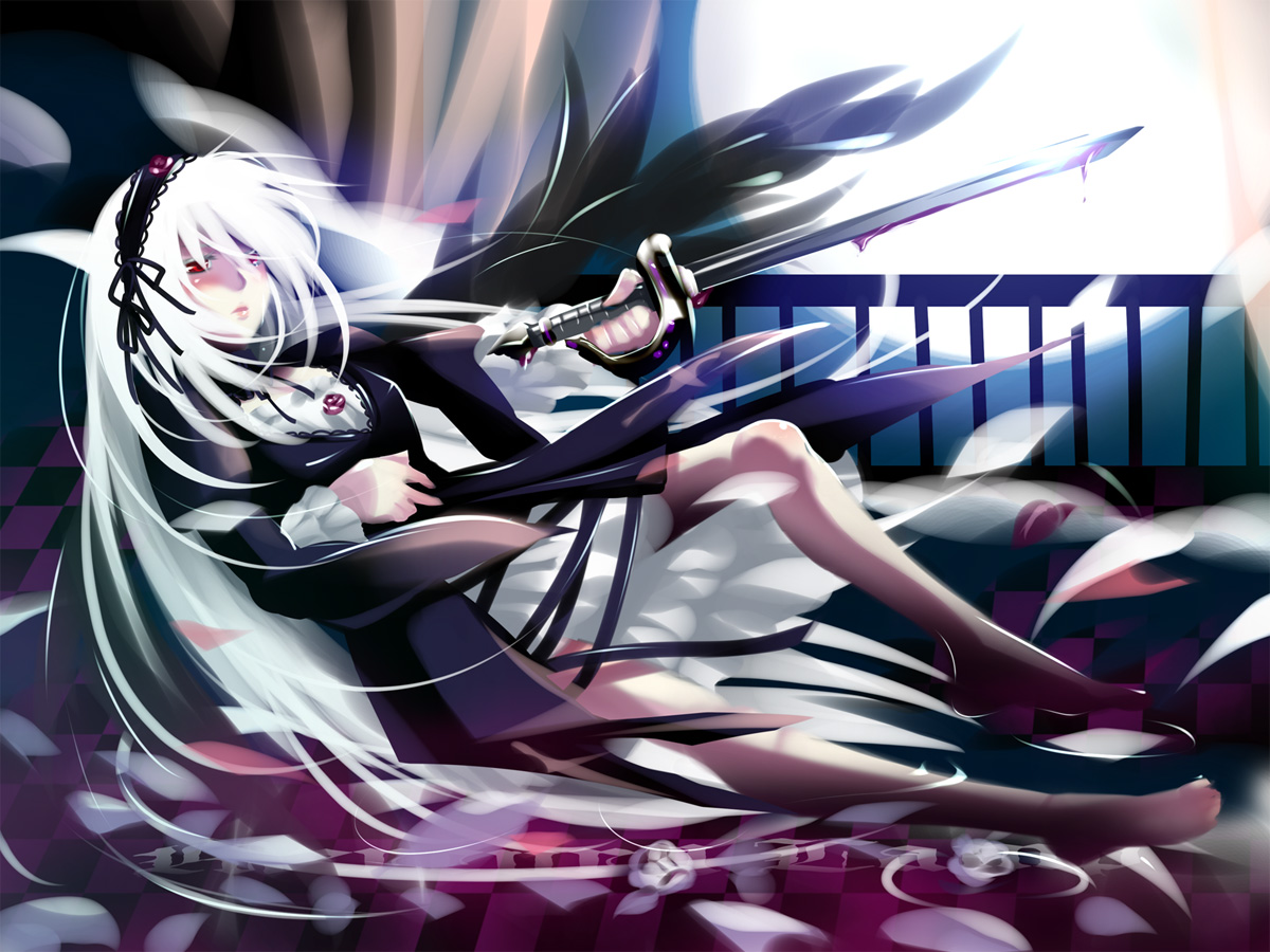 caffein, suigintou, rozen maiden, 00s, doll joints, dress, frills, hairband, joints, long hair, red eyes, solo, sword, weapon, white hair, wings