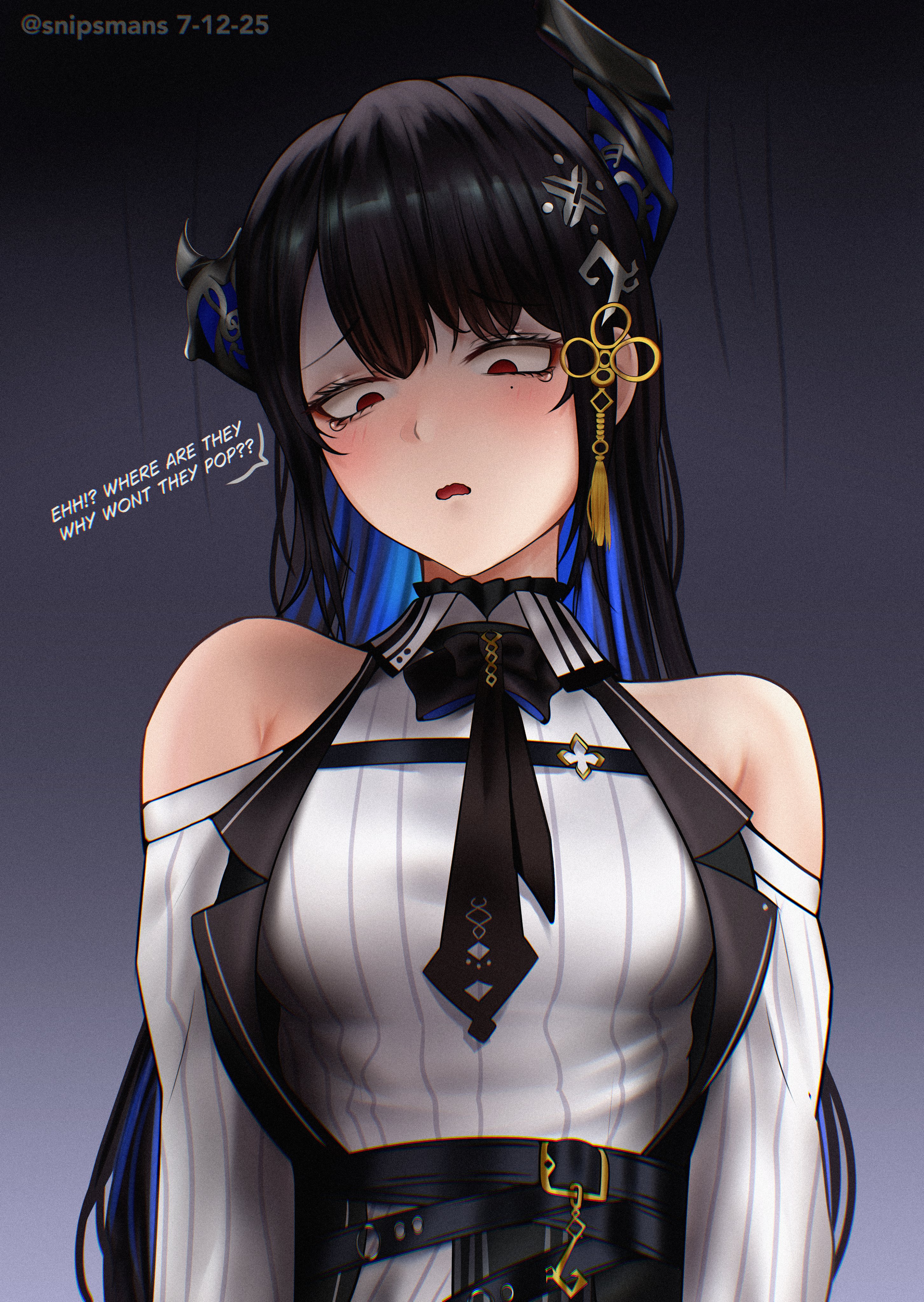 snipsman, nerissa ravencroft, nerissa ravencroft (1st costume), hololive, hololive english, absurdres, commentary, english commentary, highres, 1girl, alternate breast size (smaller), artist name, asymmetrical horns, bare shoulders, belt, black bow, black bowtie, black hair, black vest, blue hair, blush, bow, bowtie, breast strap, clothing cutout, collared shirt, colored inner hair, confused, demon horns, dress shirt, embarrassed, english text, eyebrows hidden by hair, horns, long hair, long sleeves, mole, mole under eye, multicolored hair, necktie, pout, red eyes, ribbed shirt, shirt, shoulder cutout, simple background, solo, straight hair, tears, twitter username, uneven horns, upper body, very long hair, vest, virtual youtuber, waistcoat, white shirt
