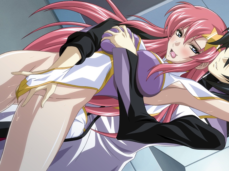 takapiko, gilbert durandal, meer campbell, gundam, gundam seed, gundam seed destiny, soul foundation, 00s, 1boy, 1girl, arm up, armpits, blush, breasts, fingering, grabbing another's breast, groping, hetero, large breasts, leotard, open mouth, pink hair, pussy juice, spread legs, tongue, tongue out, torogao