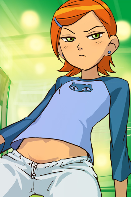 haruyama kazunori, gwen tennyson, ben 10, cartoon network, lights, long image, tall image, >:(, 1girl, angry, animal print, blue shirt, blush, cat print, ceiling, closed mouth, cowboy shot, drawstring, earrings, female focus, flat chest, flipped hair, from below, frown, green eyes, groin, hair ornament, hairclip, indoors, jewelry, leaning back, loli, long sleeves, looking at viewer, midriff, navel, no panties, orange hair, pants, pussy, pussy peek, raglan sleeves, raised eyebrow, serious, shirt, short hair, solo, stud earrings, swept bangs, thigh gap, v-shaped eyebrows