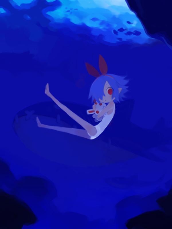 harada takehito, pleinair, same-san, usagi-san, original, 1girl, barefoot, blue hair, feet, female focus, one-piece swimsuit, rabbit, red eyes, short hair, solo, stuffed animal, stuffed toy, swimsuit, underwater