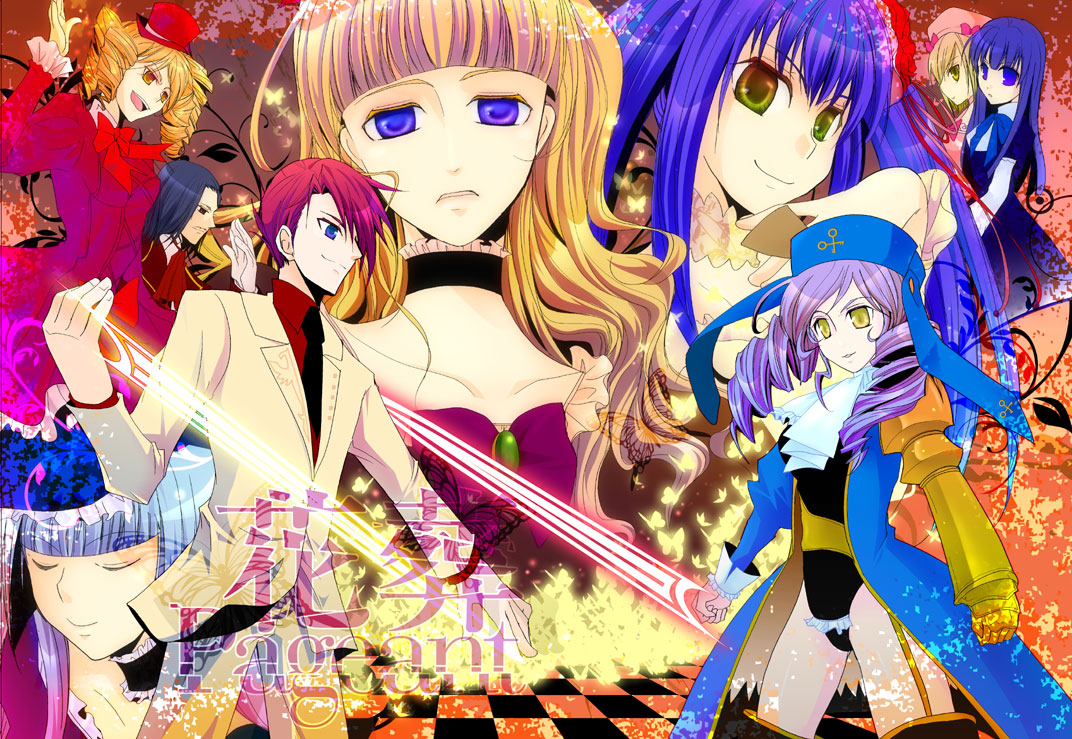 miyakoji, beatrice (umineko), dlanor a. knox, eiserne jungfrau, frederica bernkastel, furudo erika, gaap (umineko), lambdadelta, ronove (umineko), ushiromiya battler, virgilia (umineko), umineko no naku koro ni, light purple hair, bad id, bad pixiv id, 00s, 2boys, 6+girls, black hair, blonde hair, blue eyes, blue hair, blunt bangs, bug, butterfly, choker, closed eyes, dress, drill hair, facial hair, flower, gauntlets, hime cut, insect, jacket, long hair, monocle, multiple boys, multiple girls, mustache, necktie, red hair, ribbon, rose, short hair, smile, thighhighs