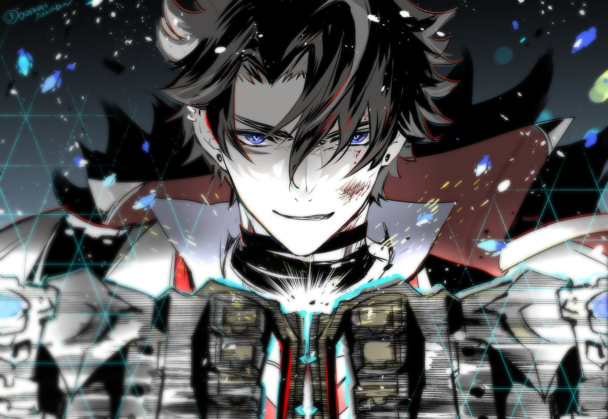 mori morii, wriothesley (genshin impact), genshin impact, commentary request, highres, 1boy, arms up, black hair, blue eyes, bruise, bruise on face, collared shirt, ear piercing, earrings, injury, jewelry, male focus, multicolored hair, multiple earrings, parted lips, piercing, shirt, short hair, smile, solo, streaked hair, stud earrings, upper body, watermark, white shirt