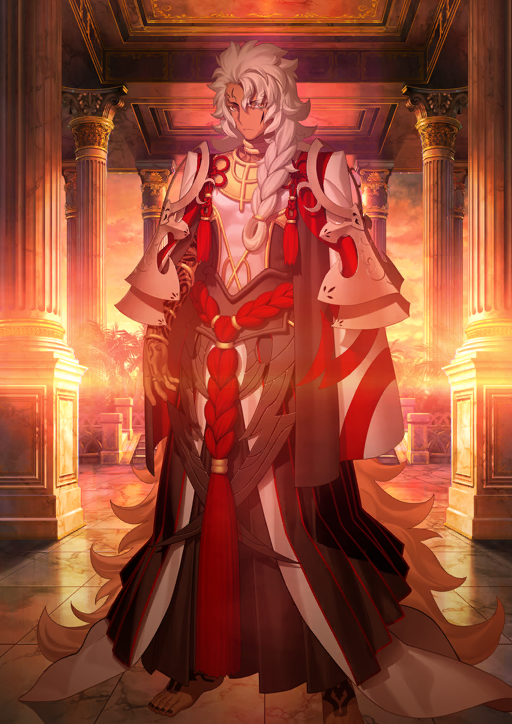 takeuchi takashi, solomon (fate), fate/grand order, fate (series), game cg, official art, third-party source, 1boy, absurdly long hair, arm tattoo, armor, barefoot, black nails, bracelet, braid, breastplate, brown eyes, closed mouth, dark-skinned male, dark skin, facial mark, foot out of frame, foot tattoo, frown, gold choker, hair tie, jewelry, long hair, looking at viewer, male focus, multiple bracelets, ring, robe, solo, standing, sunset, tattoo, toes, very long hair, warm colored, white hair