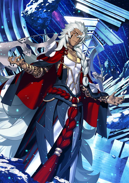 takeuchi takashi, solomon (fate), fate/grand order, fate (series), game cg, official art, third-party source, absurdly long hair, arm tattoo, ars paulina (fate), black nails, blue background, bracelet, braid, closed mouth, dark-skinned male, dark skin, dutch angle, facial mark, feet out of frame, gold choker, hair over one eye, hands up, jewelry, long hair, looking to the side, multiple bracelets, orange eyes, ring, robe, smile, standing, tattoo, very long hair, white hair