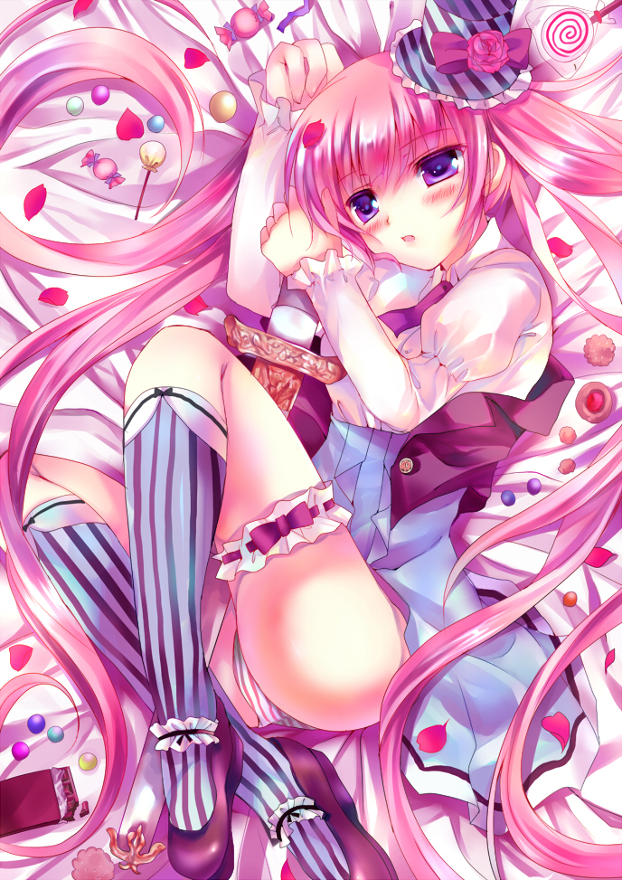 azumi kazuki, original, bad id, bad pixiv id, 1girl, blue socks, blush, candy, chocolate, chocolate bar, female focus, food, frilled thigh strap, hat, kneehighs, lollipop, long hair, mini hat, mini top hat, panties, pink hair, purple eyes, skirt, socks, solo, striped clothes, striped socks, swirl lollipop, sword, thigh strap, top hat, twintails, underwear, upskirt, vertical-striped clothes, vertical-striped socks, very long hair, weapon
