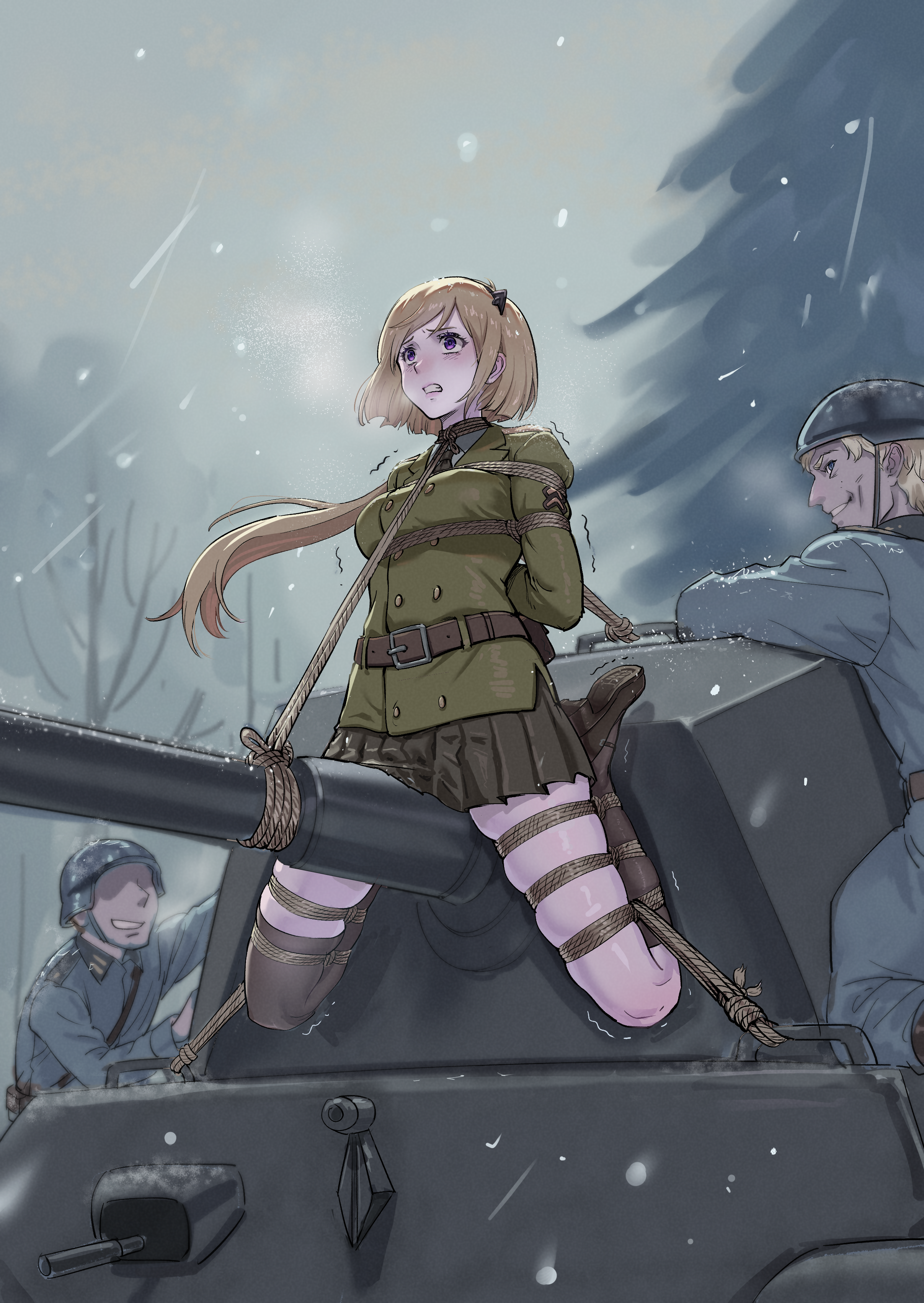 root001, m3 (girls' frontline), girls' frontline, absurdres, highres, 1girl, 2boys, arms behind back, bdsm, belt, black socks, black thighhighs, blazer, blonde hair, bondage, bound, breasts, brown necktie, clenched teeth, combat helmet, fallschirmhelm, frogtie, german army, green shirt, helmet, jacket, long hair, medium breasts, military combat uniform, military uniform, military vehicle, motor vehicle, multiple boys, necktie, open mouth, outdoors, pleated skirt, purple eyes, restrained, separated legs, shibari, shibari over clothes, shirt, shoes, single sock, single thighhigh, skindentation, skirt, snowing, socks, soldier, tank, teeth, thighhighs, very long hair, wehrmacht, winter