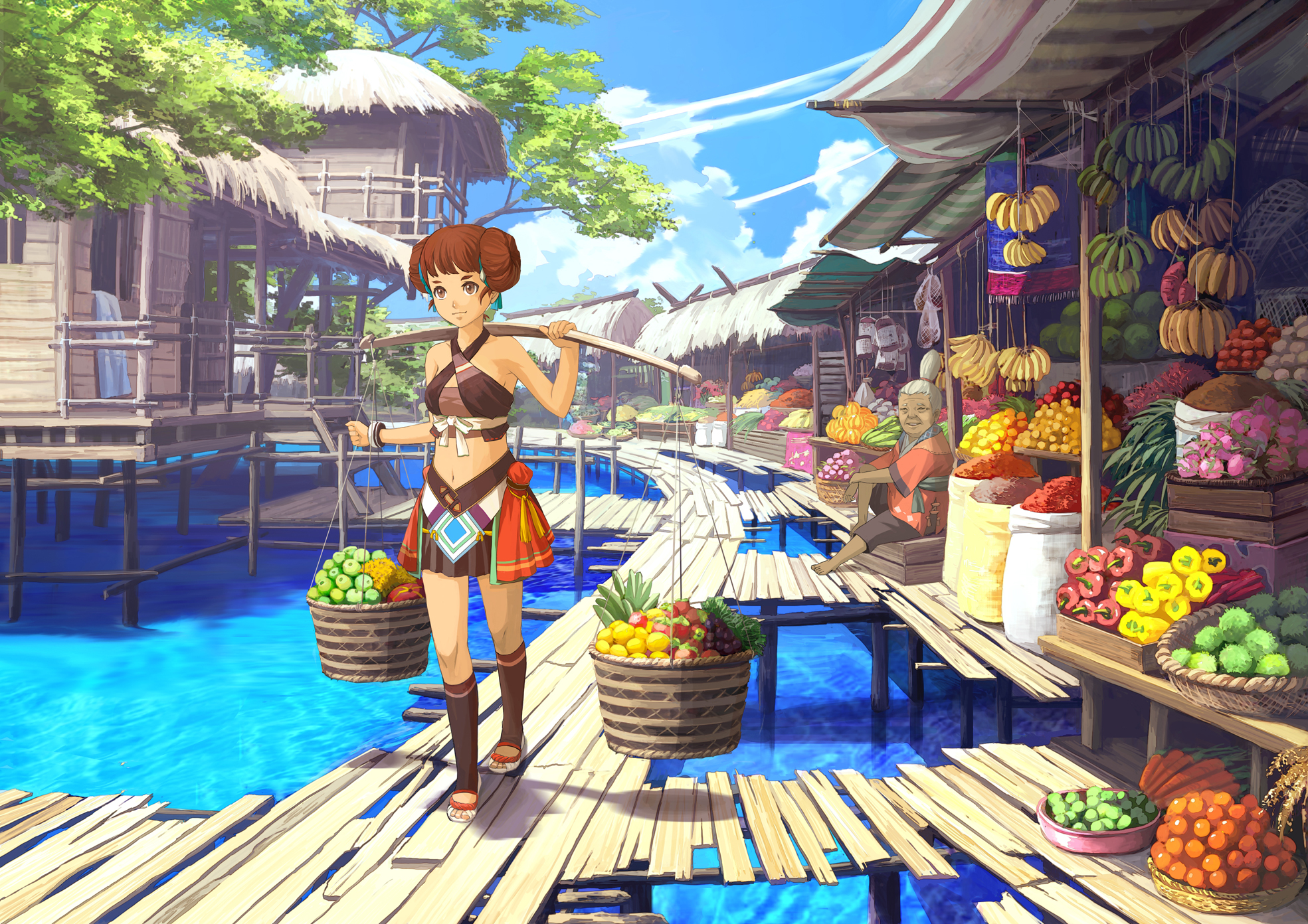 harupy, original, highres, 2girls, banana, basket, bell pepper, brown eyes, brown hair, carrot, carrying, cloud, dark-skinned female, dark skin, day, double bun, food, fruit, hair bun, kneehighs, mangosteen, market, midriff, multiple girls, navel, old, old woman, outdoors, sandals, scenery, sky, slice of life, socks, stilt house, tropical, vegetable, village, walking, water, white hair