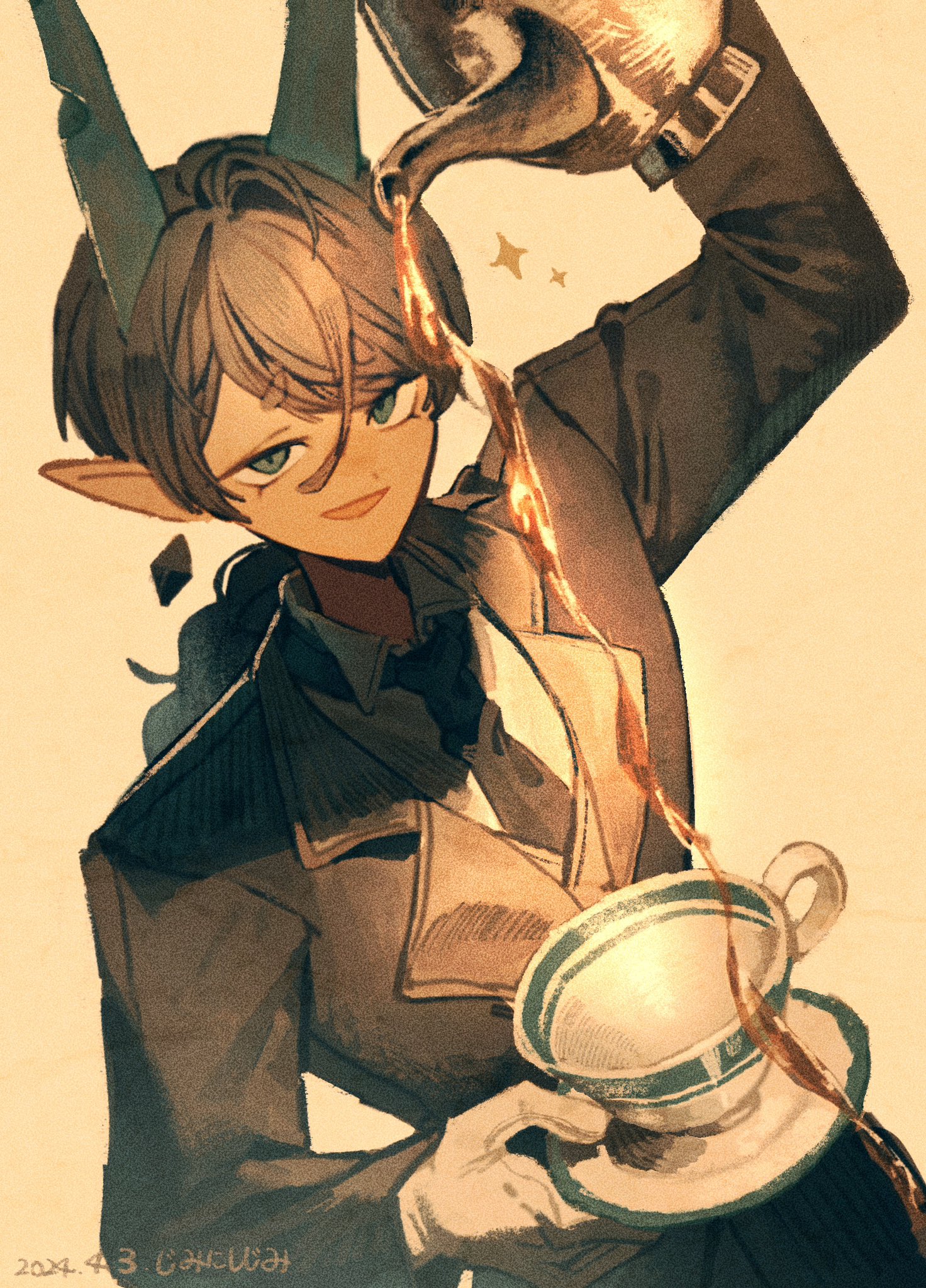 jimini shijimi, original, hashtag-only commentary, highres, 1boy, arm up, black hair, black jacket, black necktie, cup, dated, holding, holding plate, holding teapot, horns, jacket, long hair, looking at viewer, male focus, necktie, oni, parted lips, plate, pouring, simple background, smile, standing, suit jacket, teacup, teapot, upper body, white background, wing collar, you're doing it wrong