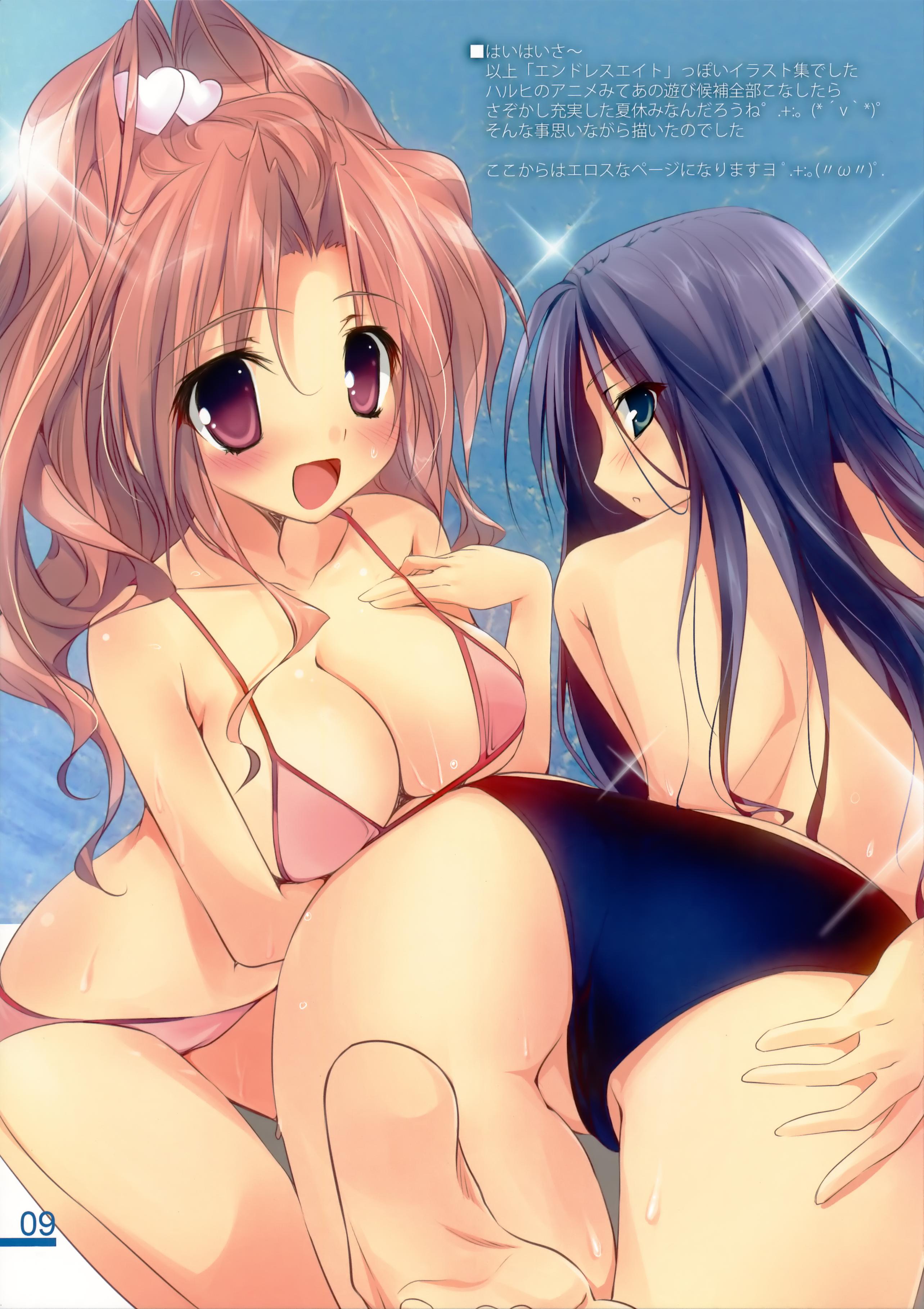 karory, original, absurdres, highres, 2girls, ass, back, barefoot, bikini, blue hair, blush, breasts, cleavage, feet, green eyes, heart, kneeling, large breasts, long hair, looking back, multiple girls, open mouth, purple hair, red hair, smile, soles, swimsuit, topless female