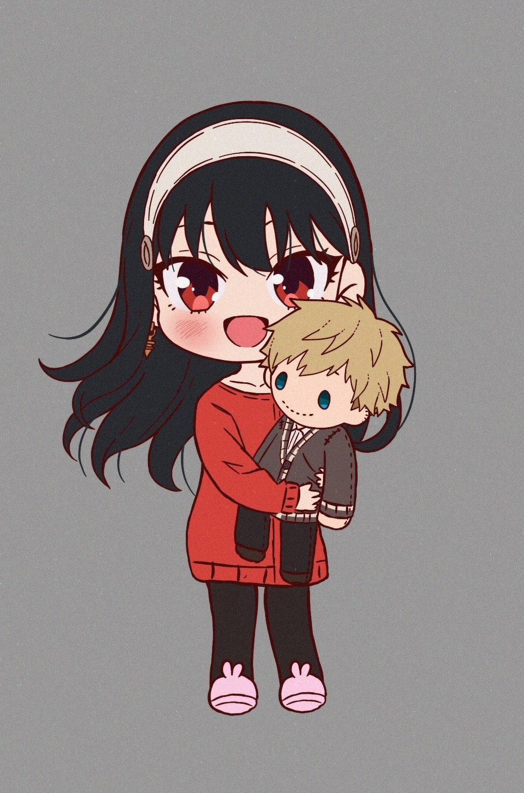 pokianne, twilight (spy x family), yor briar, spy x family, highres, 1girl, black hair, blonde hair, blush, character doll, doll, hairband, headband, holding, holding doll, holding stuffed toy, hugging doll, hugging object, long hair, looking at viewer, open mouth, pants, red eyes, smile, stuffed animal, stuffed toy, white hairband