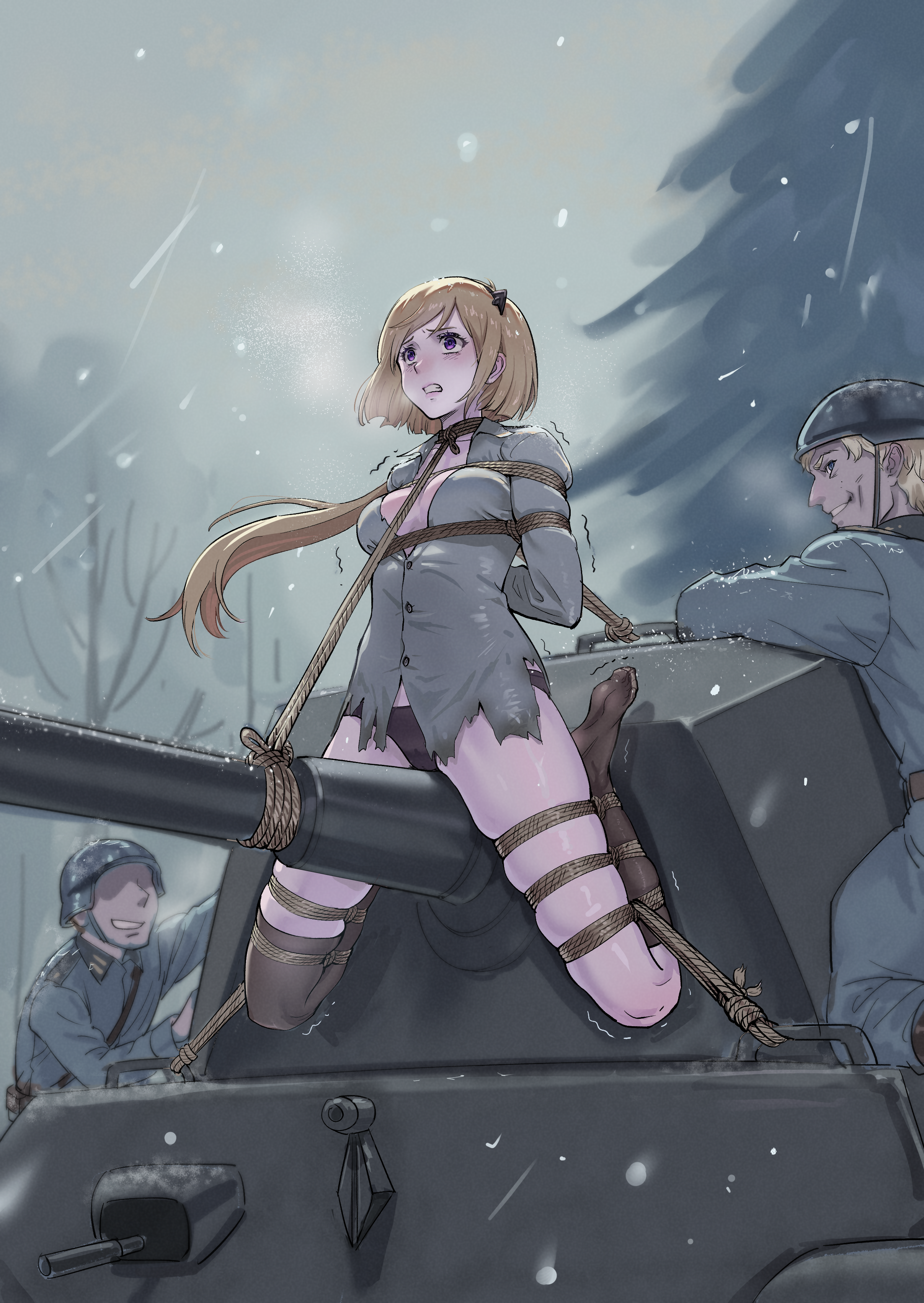 root001, m3 (girls' frontline), girls' frontline, absurdres, highres, 1girl, 2boys, arms behind back, bdsm, belt, black socks, black thighhighs, blonde hair, bondage, bound, breasts, clenched teeth, combat helmet, fallschirmhelm, frogtie, german army, green shirt, helmet, long hair, medium breasts, military combat uniform, military uniform, military vehicle, motor vehicle, multiple boys, open mouth, outdoors, pleated skirt, purple eyes, restrained, separated legs, shibari, shibari over clothes, shirt, single sock, single thighhigh, skindentation, skirt, snowing, socks, soldier, tank, teeth, thighhighs, torn clothes, torn shirt, very long hair, wehrmacht, winter