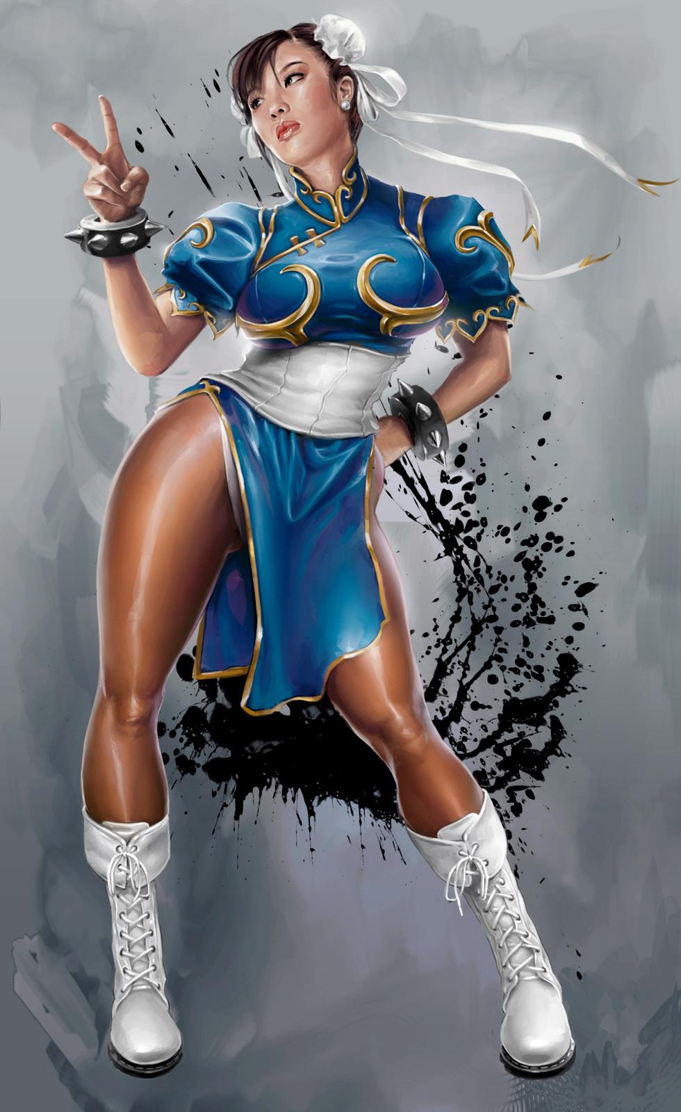 mike thompson, chun-li, capcom, street fighter, highres, 1girl, boots, bracelet, brown eyes, brown hair, bun cover, china dress, chinese clothes, double bun, dress, female focus, hair bun, hand on own hip, hip focus, jewelry, lips, panties, pantyhose, pelvic curtain, realistic, short hair, solo, spiked bracelet, spikes, thighs, underwear, v, white panties