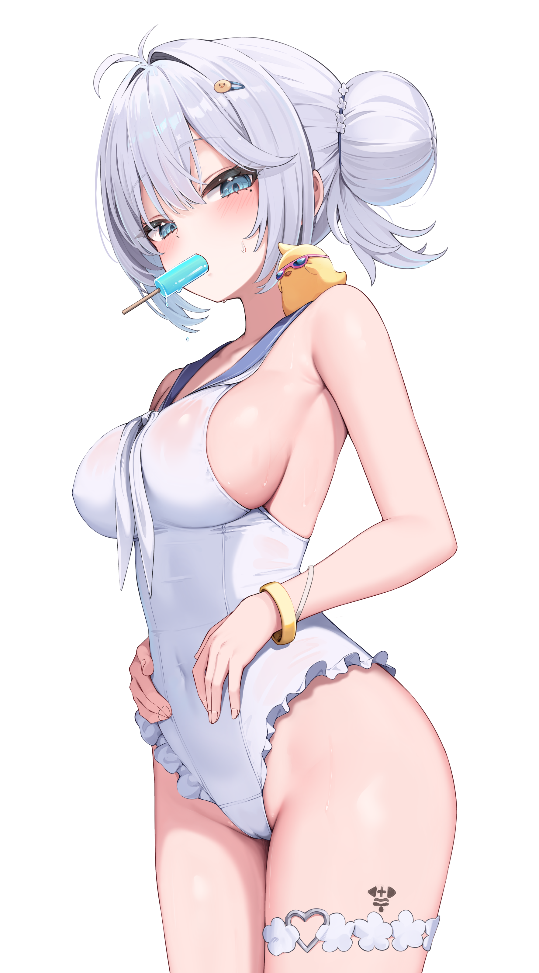 mannack, jade (a lick of summer) (azur lane), jade (azur lane), manjuu (azur lane), azur lane, absurdres, commentary request, highres, korean commentary, 1girl, antenna hair, bare shoulders, blue eyes, blue sailor collar, blush, bracelet, breasts, collarbone, covered navel, food, food in mouth, frilled one-piece swimsuit, frills, from side, groin, hair bun, hair intakes, hair ornament, hairclip, hands on own stomach, heart, heart o-ring, jewelry, large breasts, long hair, looking at viewer, mole, mole under eye, neckerchief, o-ring, official alternate costume, one-piece swimsuit, popsicle, popsicle in mouth, sailor collar, sailor one-piece swimsuit, sideboob, sidelocks, simple background, single side bun, solo, standing, swimsuit, thigh strap, thighs, wet, white background, white hair, white neckerchief, white one-piece swimsuit