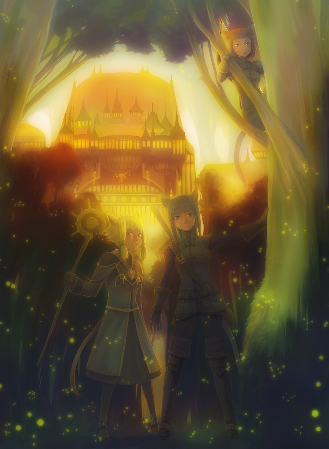 takatsuki kahiro, warrior of light (ff14), final fantasy, final fantasy xiv, highres, 10s, 3girls, animal ears, blonde hair, boots, brown hair, castle, cat ears, cat girl, cat tail, glowing, miqo'te, multiple girls, shoes, staff, sword, tail, thigh boots, thighhighs, tree, twintails, weapon
