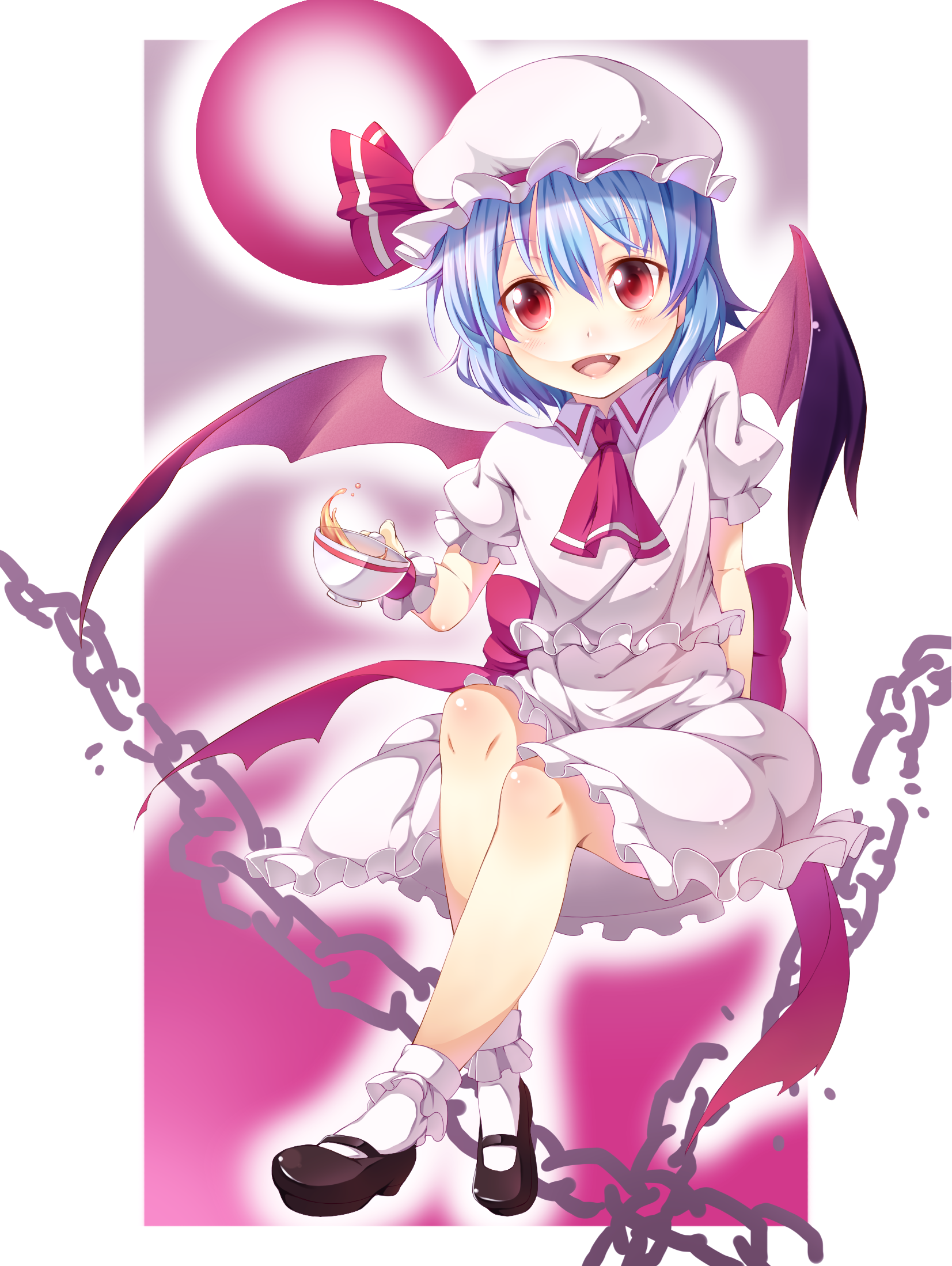 kazuma (kazumav), remilia scarlet, touhou, highres, 1girl, ascot, bat wings, blue hair, blush, chain, child, cup, demon girl, dress, fang, female focus, flat chest, frills, full body, full moon, hat, legs, mary janes, moon, red eyes, shoes, short hair, sitting, smile, socks, solo, spill, tea, teacup, wings, wrist cuffs