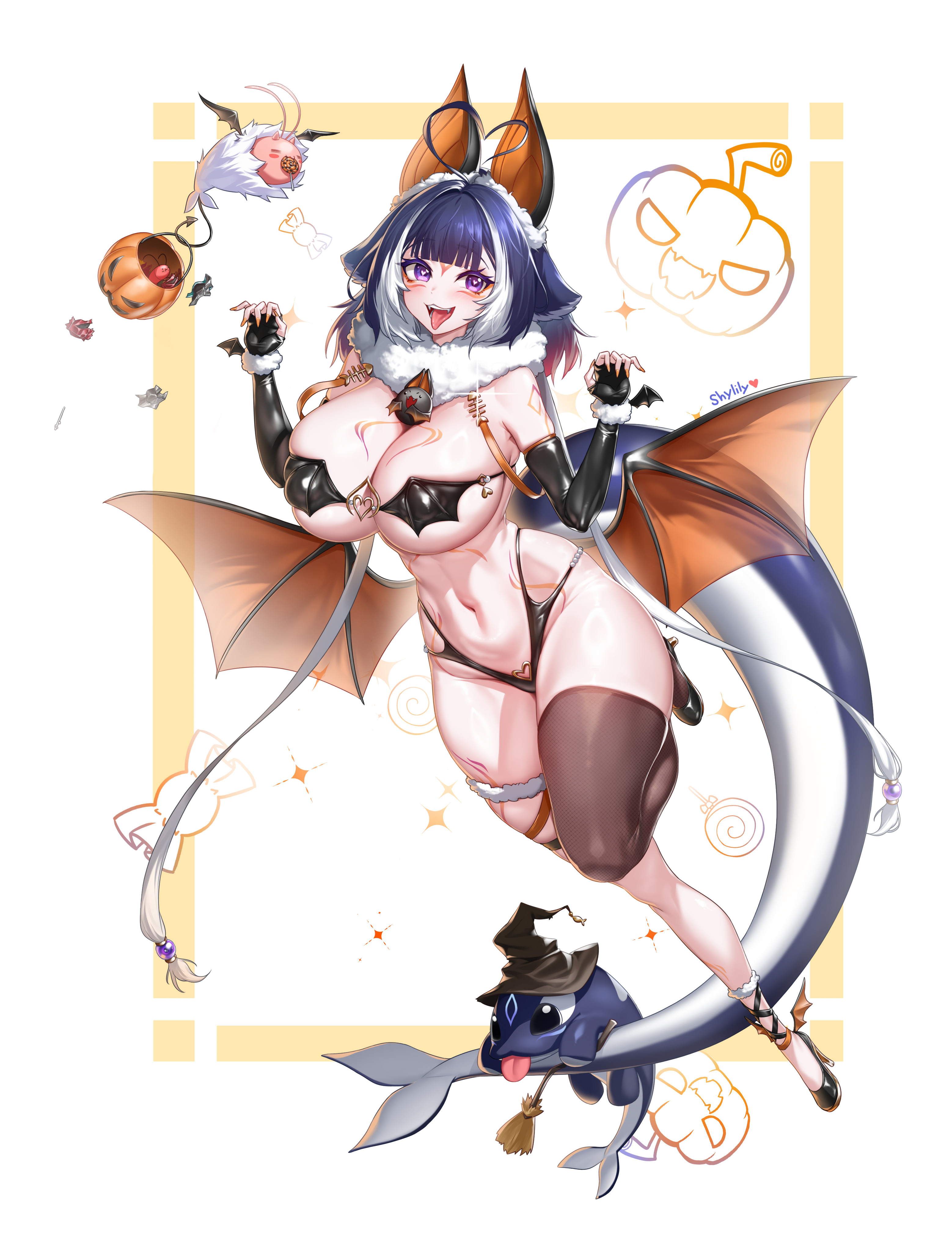 pellpt, shylily, indie virtual youtuber, absurdres, commentary, english commentary, highres, 1girl, ahoge, alternate costume, animal ears, bat bikini, bat costume, bat ears, bat wings, between breasts, bikini, black bikini, black gloves, black shoes, black thighhighs, blue hair, blunt bangs, blush, body markings, breasts, candy, candy wrapper, creature, curvy, elbow gloves, facial mark, fake animal ears, fake wings, fangs, fingerless gloves, fins, fish tail, food, full body, fur scarf, gloves, halloween, halloween bucket, halloween costume, heart, heart-shaped pupils, heart ahoge, high heels, huge breasts, inset border, long hair, looking at viewer, multi-strapped bikini bottom, multicolored hair, navel, open mouth, orca girl, purple eyes, scarf, shoes, single thighhigh, smile, solo, streaked hair, swimsuit, symbol-shaped pupils, tail, thick thighs, thighhighs, thighs, tongue, tongue out, virtual youtuber, white background, white scarf, white streaks, wings, wrapped candy