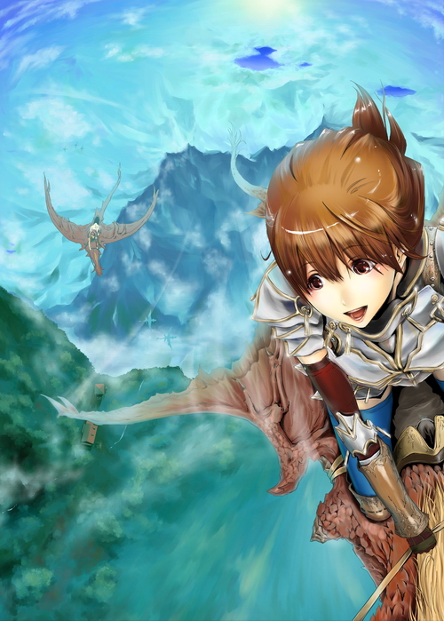 akisada, original, bad id, bad pixiv id, armor, blush, brown eyes, brown hair, dragon, fantasy, flying, wyvern