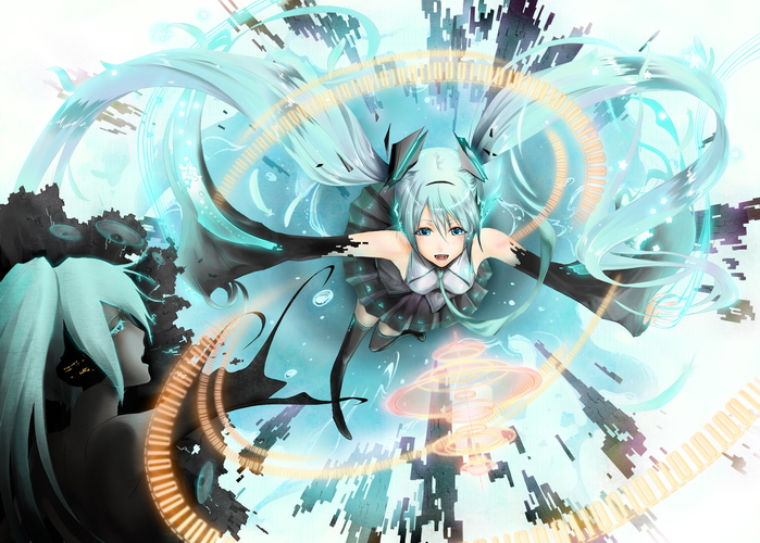 akisada, hatsune miku, vocaloid, 2girls, aqua eyes, aqua hair, clone, detached sleeves, headset, long hair, multiple girls, necktie, skirt, twintails, very long hair