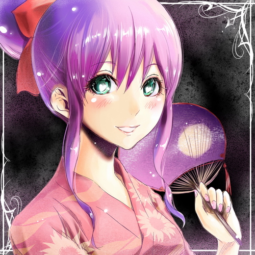 akisada, my sunshine, battle spirits, battle spirits: shounen toppa bashin, lowres, 00s, 1girl, blush, border, bow, female focus, flat chest, floral print, flower, green eyes, grin, hair bow, hair bun, hand fan, holding, japanese clothes, kimono, looking at viewer, looking back, nail polish, paper fan, pink kimono, pink nails, portrait, purple hair, short hair, sidelocks, single hair bun, smile, solo, sunflower, uchiwa, upper body, yukata