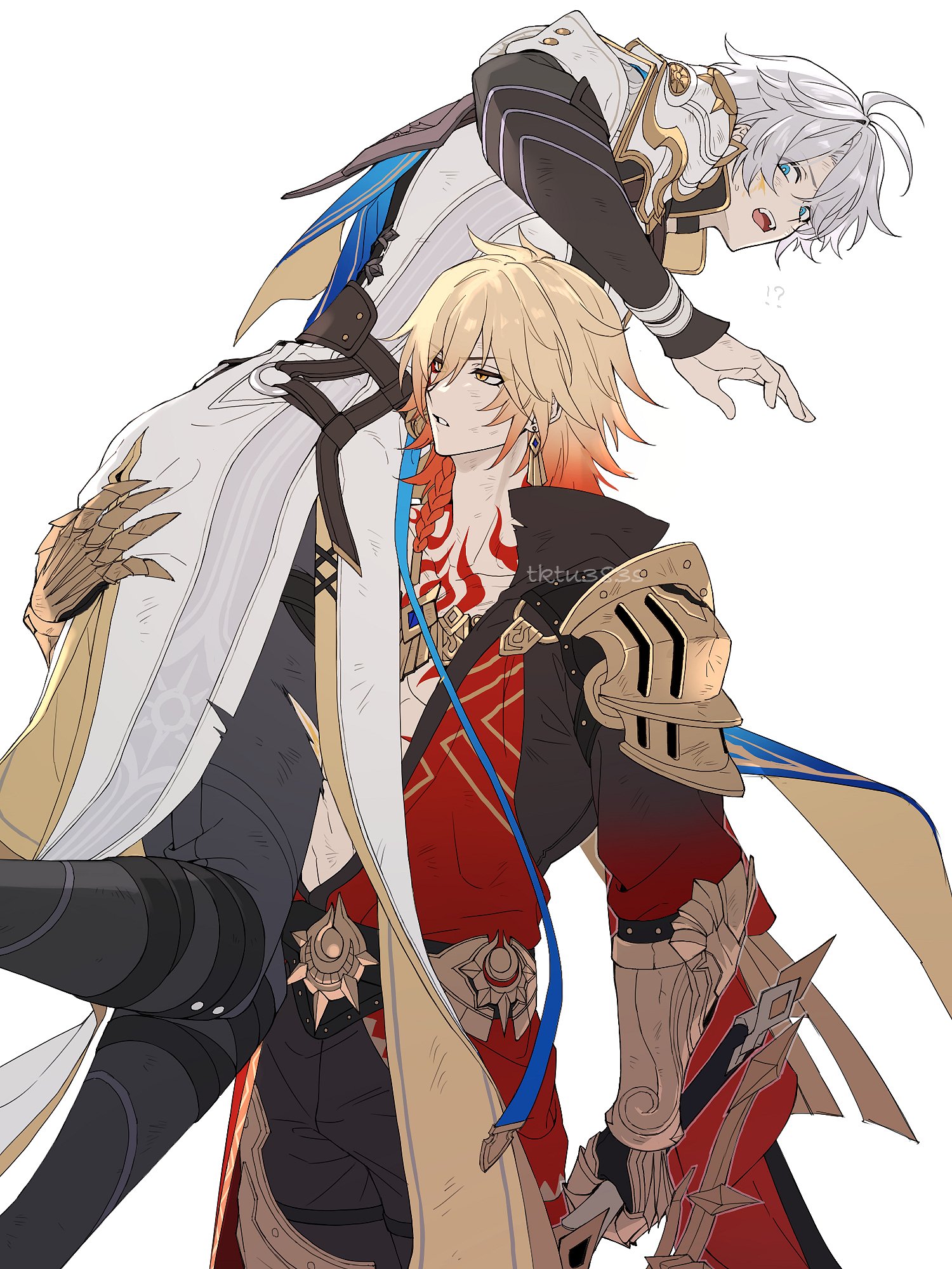 tofu (bean359), mydei (honkai: star rail), phainon (honkai: star rail), honkai: star rail, honkai (series), highres, 2boys, armor, black pants, braid, carrying, carrying person, coat, grey hair, male focus, multiple boys, open mouth, orange hair, pants, parted lips, pauldrons, red tattoo, shoulder armor, simple background, single pauldron, standing, teeth, tongue, upper teeth only, white background, white coat