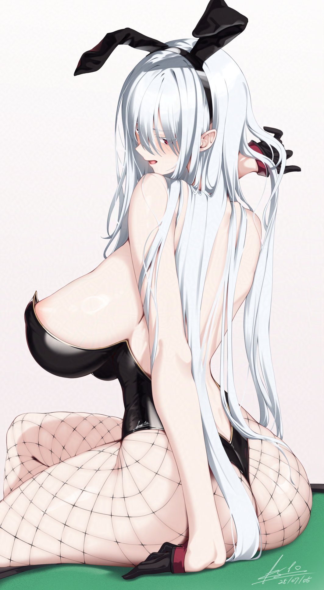 esto 0079, selvaria bles, senjou no valkyria (series), 1girl, animal ear hairband, animal ears, areola slip, ass, back, backless leotard, black gloves, black hairband, black leotard, blush, breasts, fake animal ears, fishnet pantyhose, fishnets, from behind, gloves, hairband, hand in own hair, large breasts, leotard, lips, long hair, open mouth, pantyhose, playboy bunny, rabbit ear hairband, rabbit ears, red eyes, sideboob, sitting, solo, thighs, white background, white hair