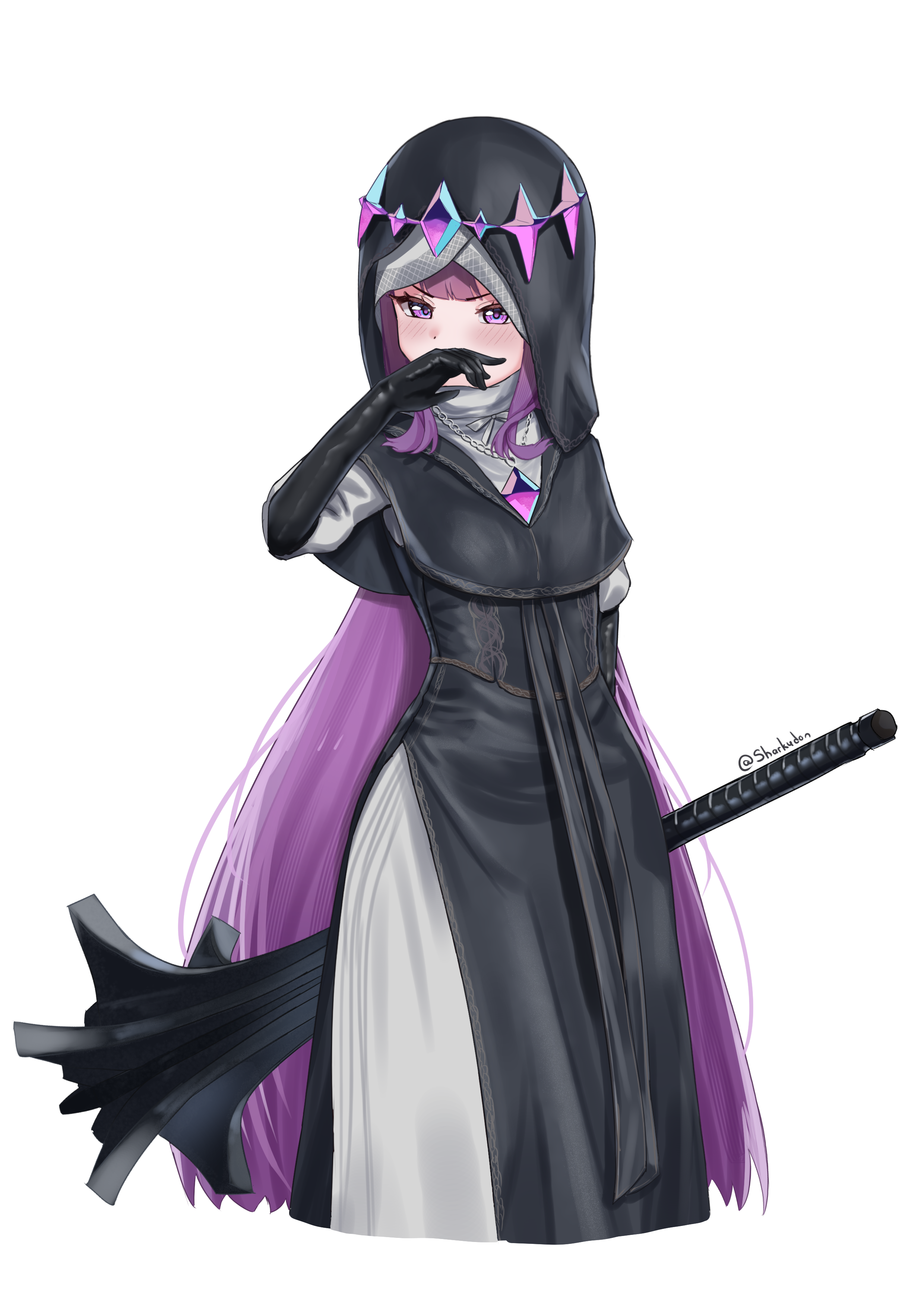 sharkudon, koseki bijou, undertaker (elden ring), elden ring, elden ring nightreign, hololive, hololive english, absurdres, commentary, english commentary, highres, 1girl, artist name, black boots, black hood, boots, chest jewel, cosplay, elbow gloves, flanged mace, gloves, holding, holding mace, holding weapon, long hair, mace, nun, pelvic curtain, purple eyes, purple hair, simple background, solo, very long hair, virtual youtuber, weapon, white coif