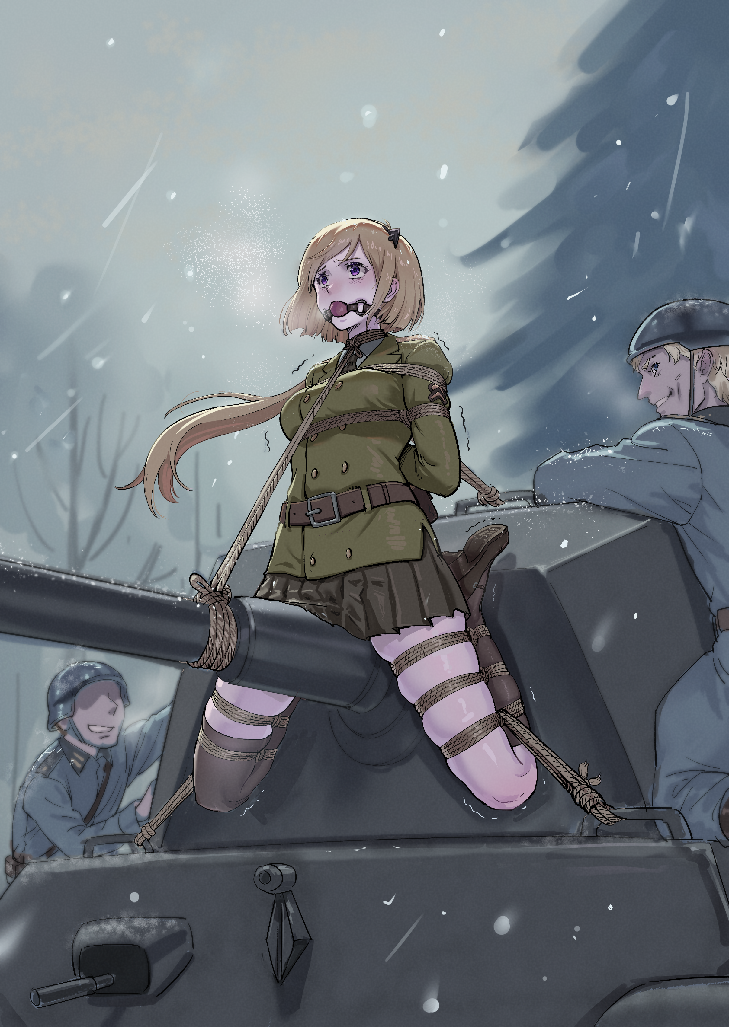 root001, m3 (girls' frontline), girls' frontline, absurdres, highres, 1girl, 2boys, arms behind back, ball gag, bdsm, belt, black socks, black thighhighs, blazer, blonde hair, bondage, bound, breasts, brown necktie, combat helmet, fallschirmhelm, frogtie, gag, gagged, german army, green shirt, helmet, jacket, long hair, medium breasts, military combat uniform, military uniform, military vehicle, motor vehicle, multiple boys, necktie, open mouth, outdoors, pleated skirt, purple eyes, restrained, separated legs, shibari, shibari over clothes, shirt, shoes, single sock, single thighhigh, skindentation, skirt, snowing, socks, soldier, tank, teeth, thighhighs, very long hair, wehrmacht, winter
