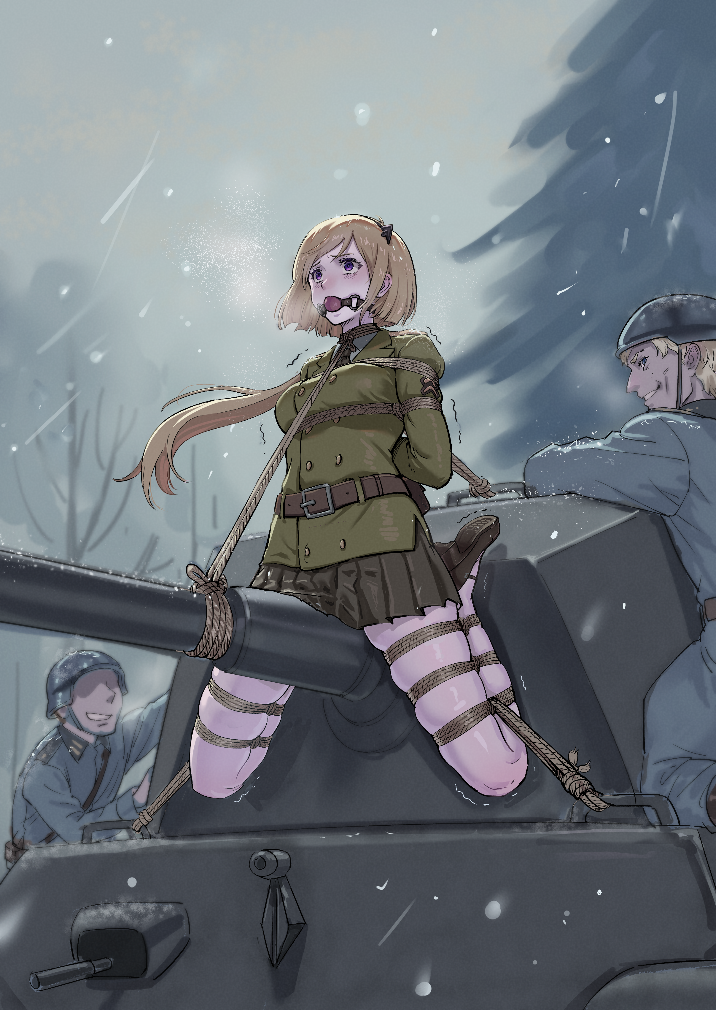 root001, m3 (girls' frontline), girls' frontline, absurdres, highres, 1girl, 2boys, arms behind back, ball gag, bdsm, belt, blazer, blonde hair, bondage, bound, breasts, brown necktie, combat helmet, fallschirmhelm, frogtie, gag, gagged, german army, green shirt, helmet, jacket, long hair, medium breasts, military combat uniform, military uniform, military vehicle, motor vehicle, multiple boys, necktie, open mouth, outdoors, pleated skirt, purple eyes, restrained, separated legs, shibari, shibari over clothes, shirt, shoes, skindentation, skirt, snowing, soldier, tank, teeth, very long hair, wehrmacht, winter