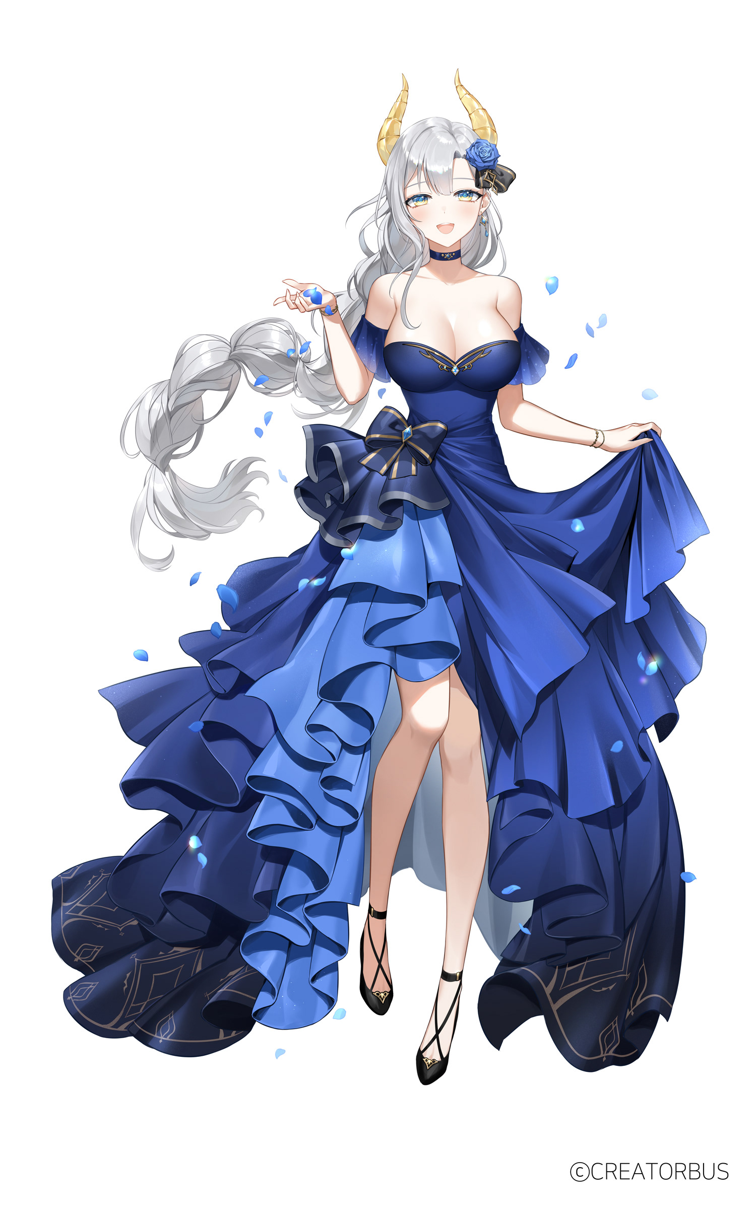 hibiwa, iana ignosis, v-lup, absurdres, highres, 1girl, bare shoulders, blue choker, blue dress, braid, breasts, choker, cleavage, detached sleeves, dragon horns, dress, full body, horns, large breasts, long hair, looking at viewer, open mouth, simple background, single braid, smile, solo, strapless, strapless dress, very long hair, virtual youtuber, white background, white hair, yellow eyes