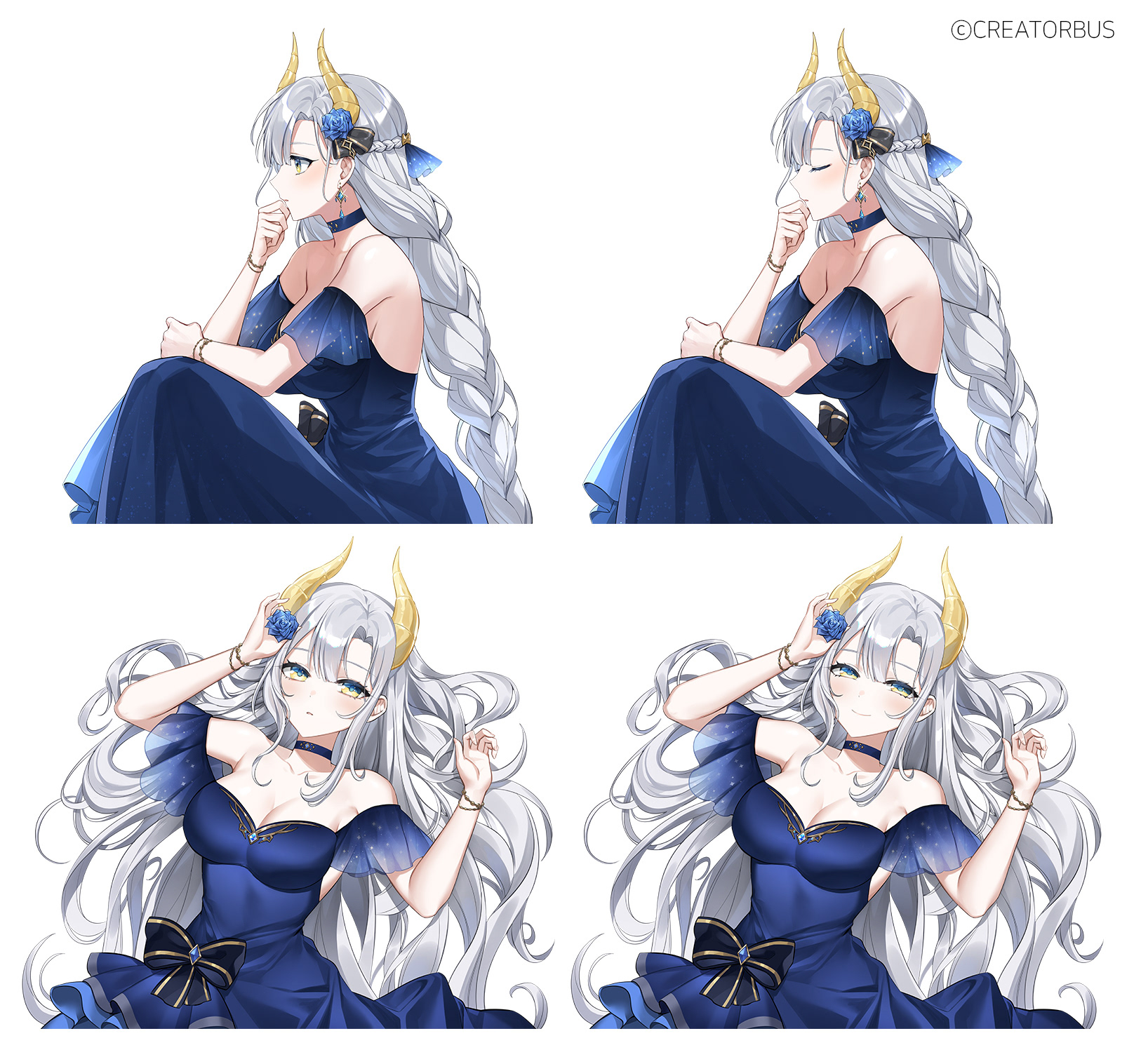 hibiwa, iana ignosis, v-lup, highres, 1girl, bare shoulders, blue choker, blue dress, braid, breasts, choker, cleavage, dragon horns, dress, from side, horns, large breasts, long hair, looking at viewer, multiple views, single braid, virtual youtuber, white hair, yellow eyes
