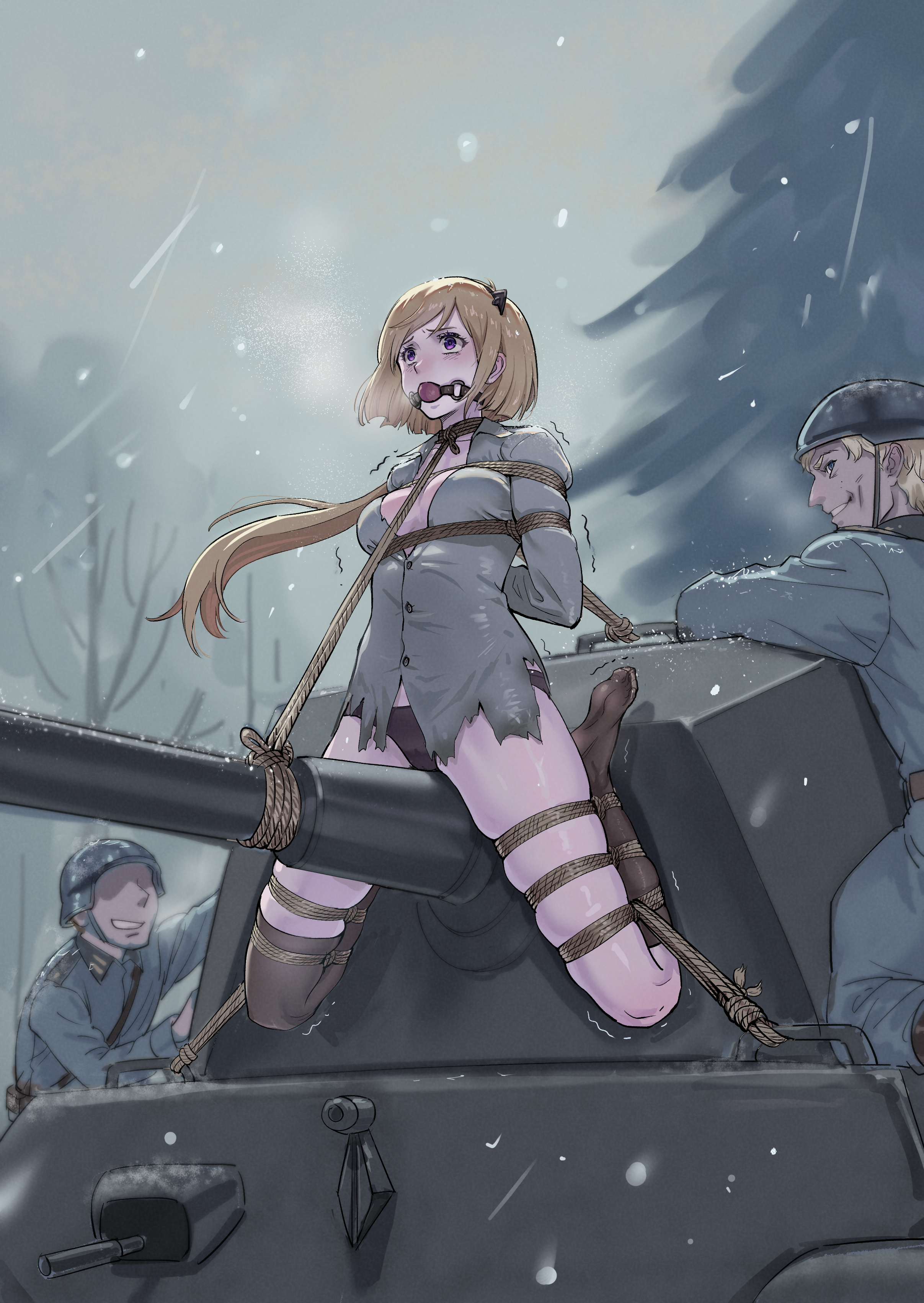 root001, m3 (girls' frontline), girls' frontline, absurdres, highres, 1girl, 2boys, arms behind back, ball gag, bdsm, belt, black socks, black thighhighs, blonde hair, bondage, bound, breasts, combat helmet, fallschirmhelm, frogtie, gag, gagged, german army, green shirt, helmet, long hair, medium breasts, military combat uniform, military uniform, military vehicle, motor vehicle, multiple boys, open mouth, outdoors, pleated skirt, purple eyes, restrained, separated legs, shibari, shibari over clothes, shirt, single sock, single thighhigh, skindentation, skirt, snowing, socks, soldier, tank, teeth, thighhighs, torn clothes, torn shirt, very long hair, wehrmacht, winter