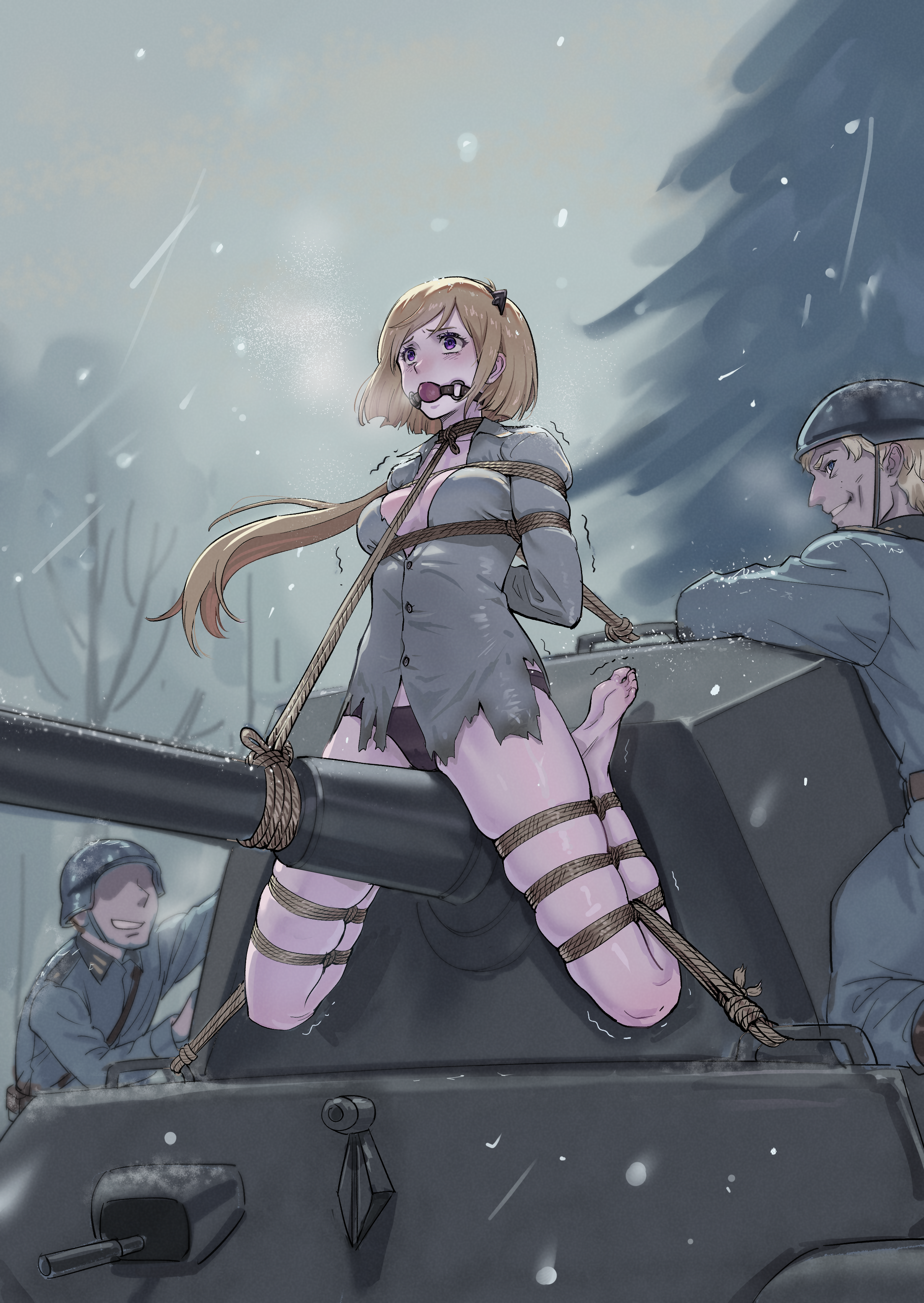 root001, m3 (girls' frontline), girls' frontline, absurdres, highres, 1girl, 2boys, arms behind back, ball gag, bdsm, belt, blonde hair, bondage, bound, breasts, combat helmet, fallschirmhelm, frogtie, gag, gagged, german army, green shirt, helmet, long hair, medium breasts, military combat uniform, military uniform, military vehicle, motor vehicle, multiple boys, open mouth, outdoors, pleated skirt, purple eyes, restrained, separated legs, shibari, shibari over clothes, shirt, skindentation, skirt, snowing, soldier, tank, teeth, torn clothes, torn shirt, very long hair, wehrmacht, winter