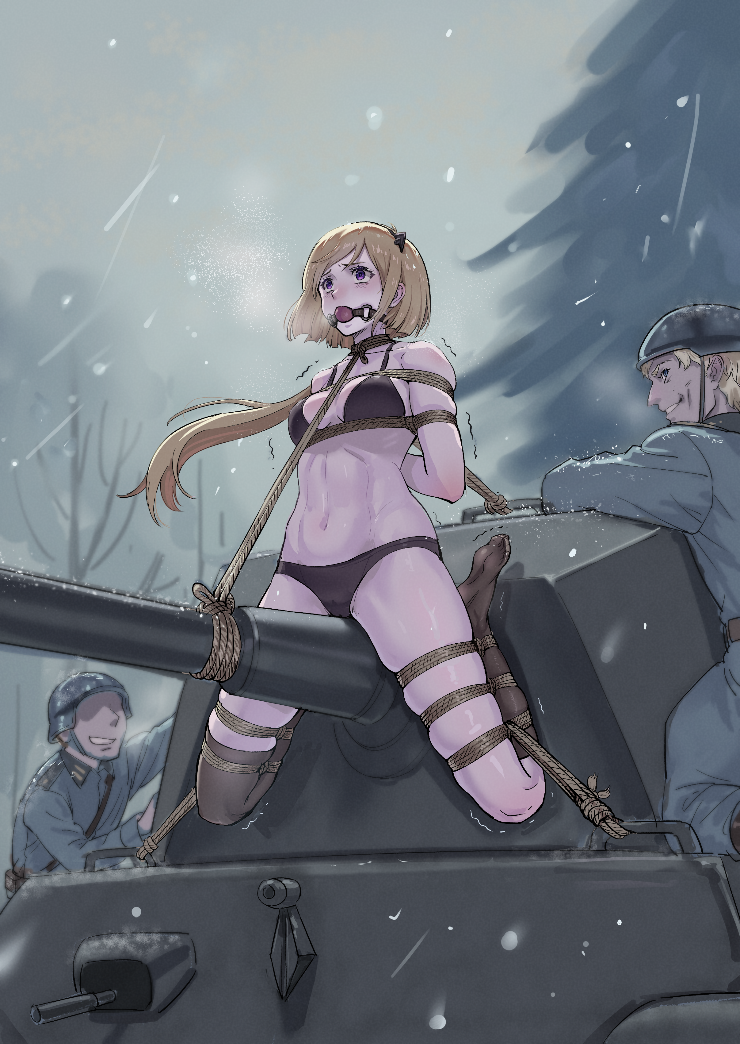 root001, m3 (girls' frontline), girls' frontline, absurdres, highres, 1girl, 2boys, arms behind back, ball gag, bdsm, belt, black bra, black socks, black thighhighs, blonde hair, bondage, bound, bra, breasts, cameltoe, combat helmet, fallschirmhelm, frogtie, gag, gagged, german army, helmet, long hair, medium breasts, military combat uniform, military uniform, military vehicle, motor vehicle, multiple boys, navel, open mouth, outdoors, pleated skirt, purple eyes, restrained, separated legs, shibari, shibari over clothes, single sock, single thighhigh, skindentation, skirt, snowing, socks, soldier, stomach, tank, teeth, thighhighs, underwear, very long hair, wehrmacht, winter