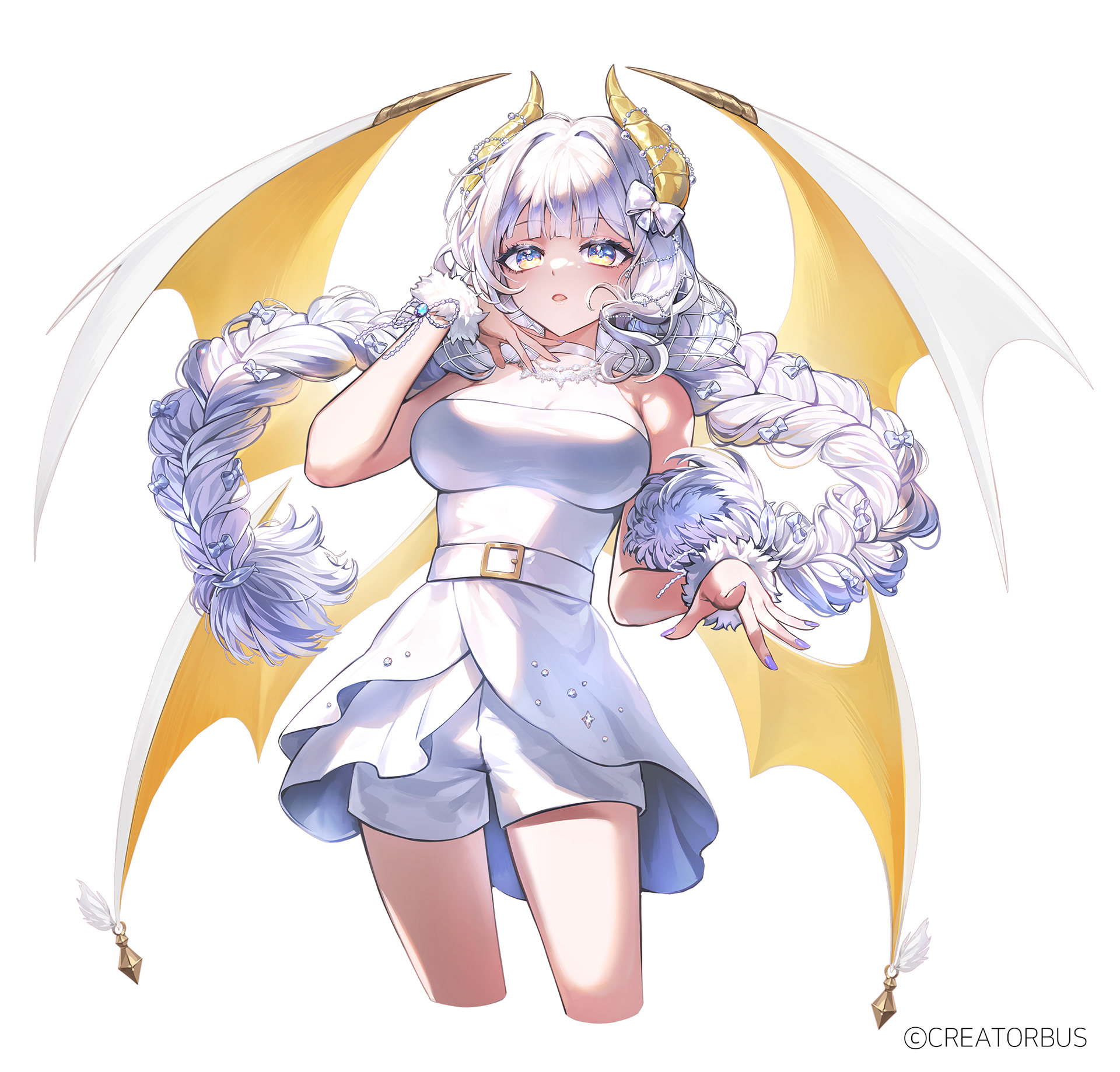 hibiwa, iana ignosis, v-lup, highres, 1girl, bare shoulders, belt, braid, breasts, choker, cleavage, cropped legs, dragon horns, dragon wings, dress, horns, large breasts, long hair, looking at viewer, open mouth, shirt, shorts, simple background, sleeveless, sleeveless dress, solo, thighs, twin braids, very long hair, virtual youtuber, white background, white choker, white hair, white shirt, white shorts, wings, yellow eyes