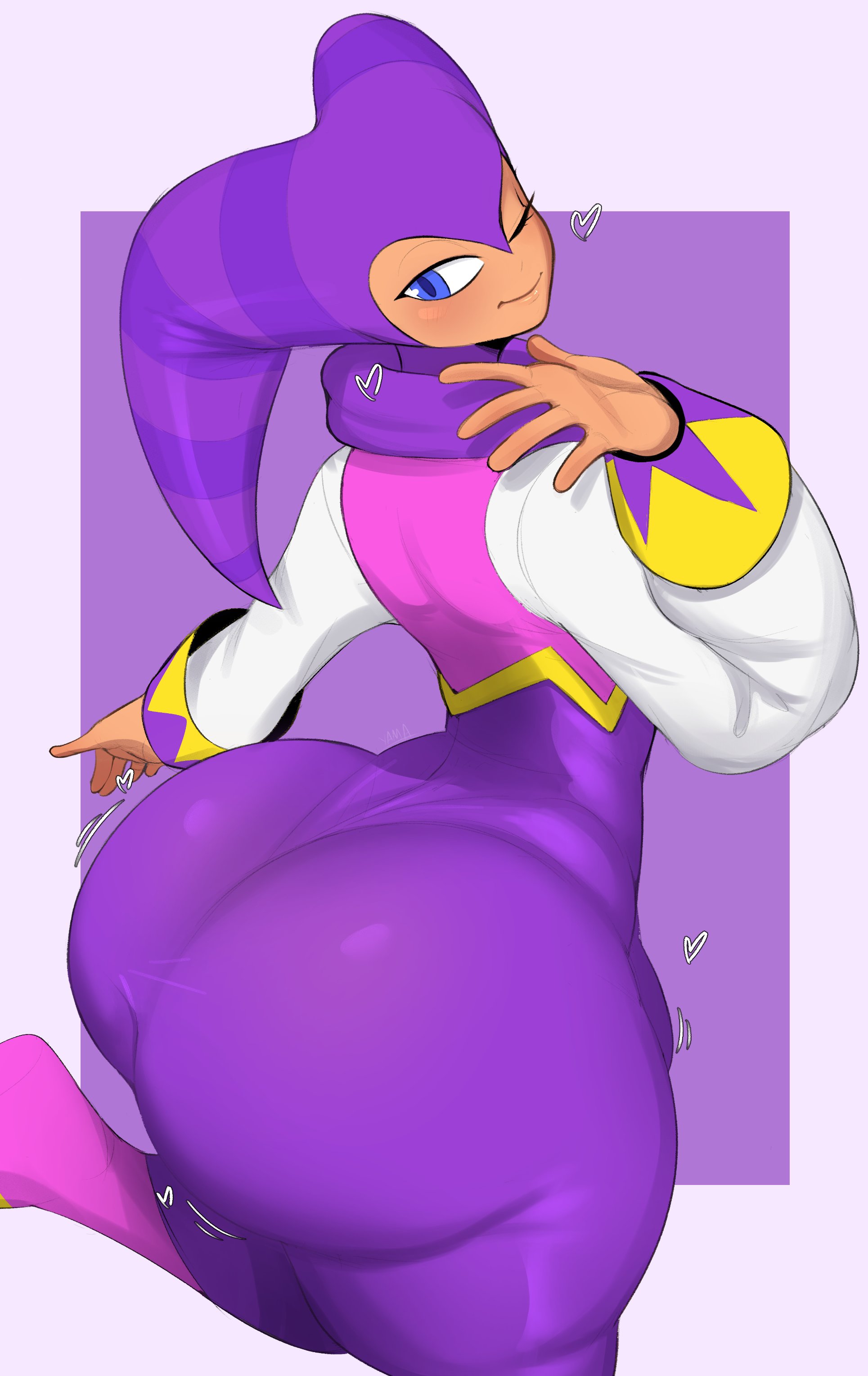 yamathegod, nights (character), nights into dreams, androgynous, ass, ass focus, blush, bodysuit, from behind, huge ass, jiggle, looking at viewer, looking back, one eye closed, purple eyes, skin tight, solo, thick thighs, thighs, wink