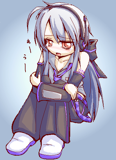 mendou saya, yowane haku, vocaloid, silver hair, bad id, bad pixiv id, blouse, detached sleeves, grey shirt, headset, hugging own legs, long hair, shirt, tears