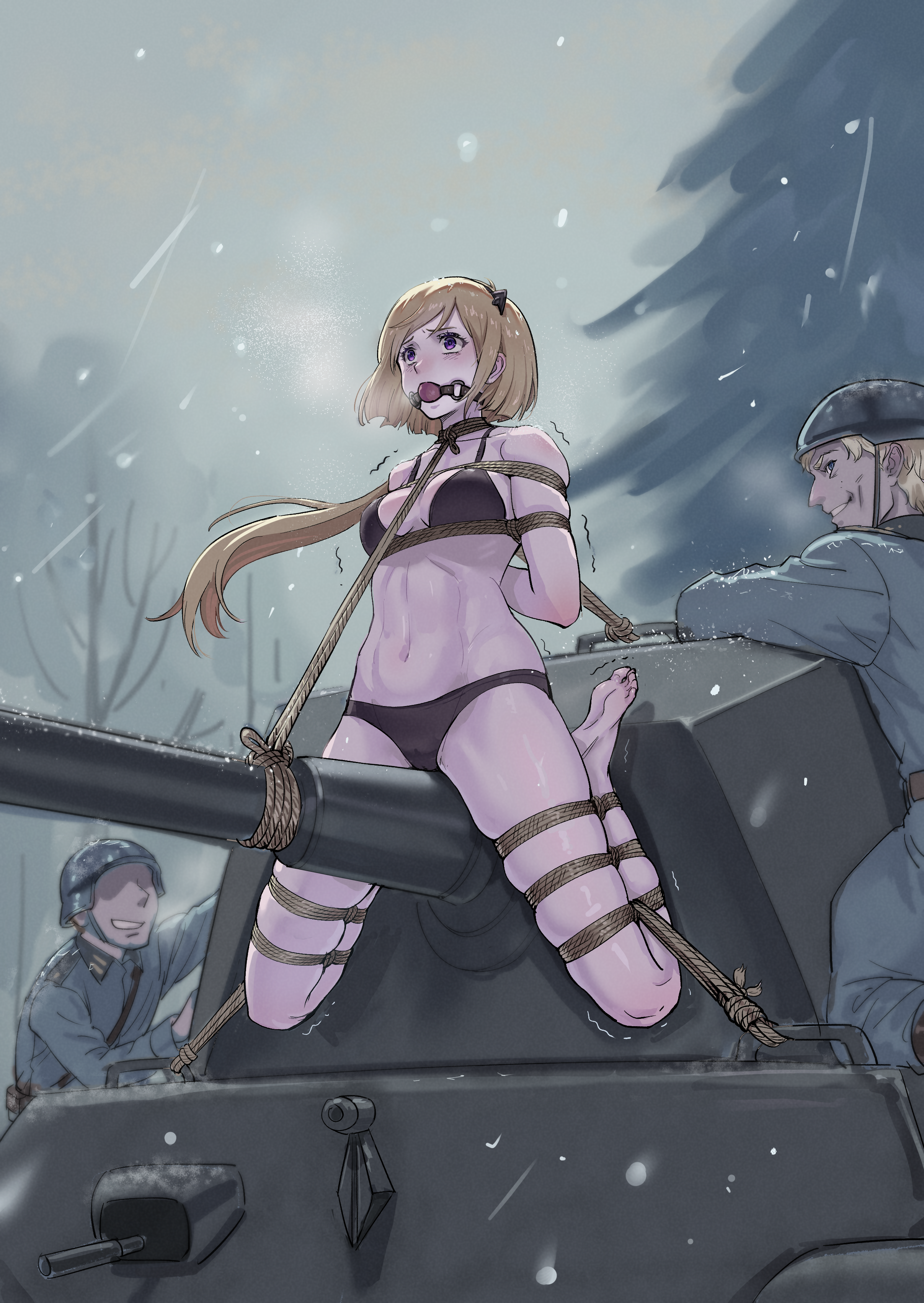 root001, m3 (girls' frontline), girls' frontline, absurdres, highres, 1girl, 2boys, arms behind back, ball gag, bdsm, belt, black bra, blonde hair, bondage, bound, bra, breasts, cameltoe, combat helmet, fallschirmhelm, frogtie, gag, gagged, german army, helmet, long hair, medium breasts, military combat uniform, military uniform, military vehicle, motor vehicle, multiple boys, navel, open mouth, outdoors, pleated skirt, purple eyes, restrained, separated legs, shibari, shibari over clothes, skindentation, skirt, snowing, soldier, stomach, tank, teeth, underwear, very long hair, wehrmacht, winter